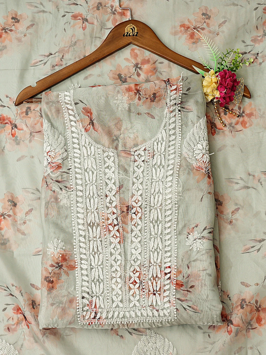 Ada Hand Embroidered Floral Printed Light Green Organza Lucknowi Chikankari Unstitched Kurta Dupatta Set 01A876710