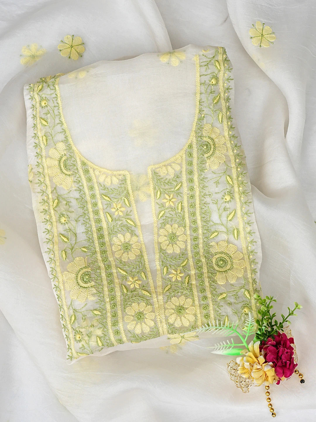 Ada Hand Embroidered White Cornsilk Organza Lucknowi Chikankari Unstitched Kurta Dupatta Set 01A877593
