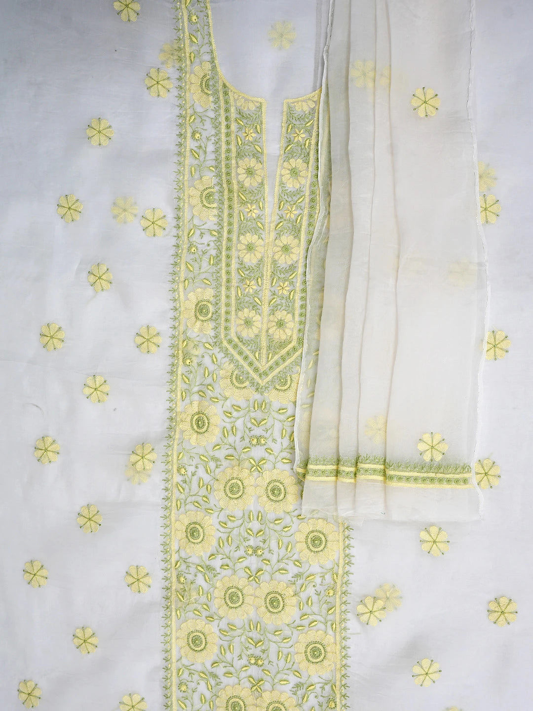 Ada Hand Embroidered White Cornsilk Organza Lucknowi Chikankari Unstitched Kurta Dupatta Set 01A877593
