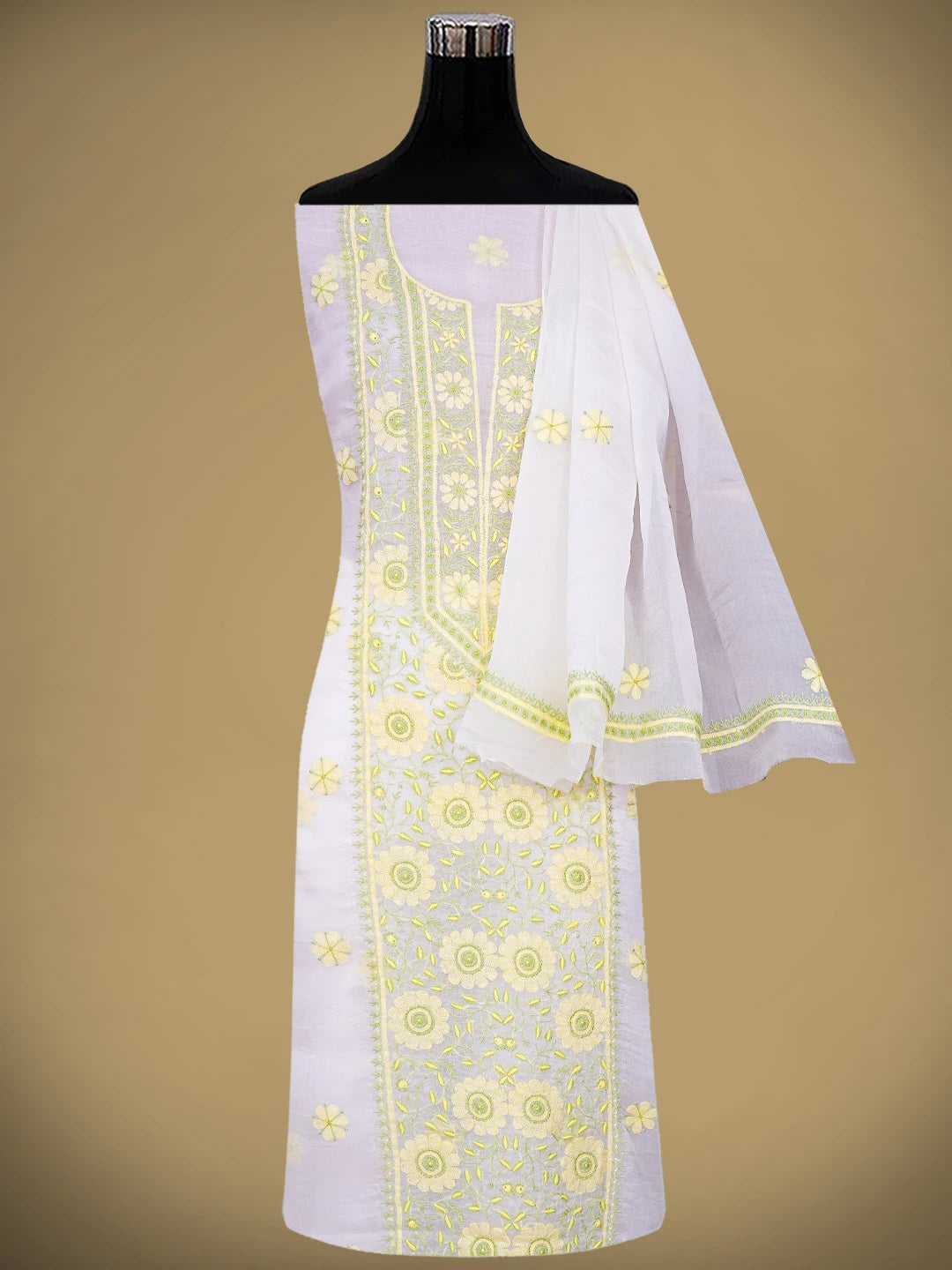 Ada Hand Embroidered White Cornsilk Organza Lucknowi Chikankari Unstitched Kurta Dupatta Set 01A877593