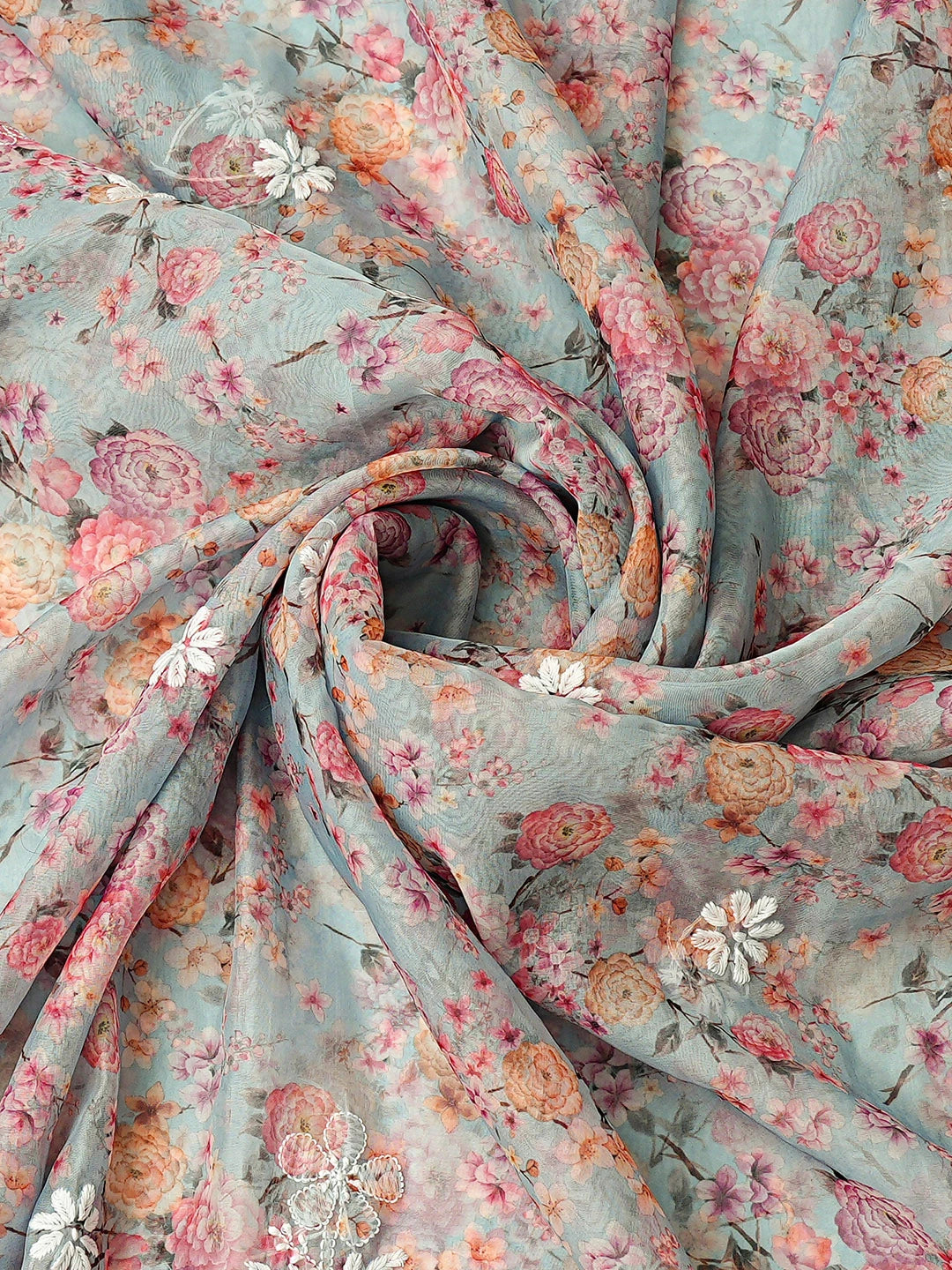 Ada Hand Embroidered Floral Printed Blue Organza Lucknowi Chikankari Unstitched Kurta Dupatta Set 01A876522