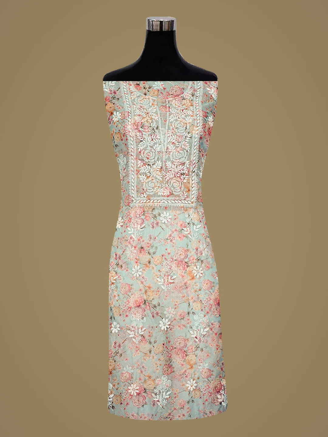 Ada Hand Embroidered Floral Printed Blue Organza Lucknowi Chikankari Unstitched Kurta Dupatta Set 01A876522