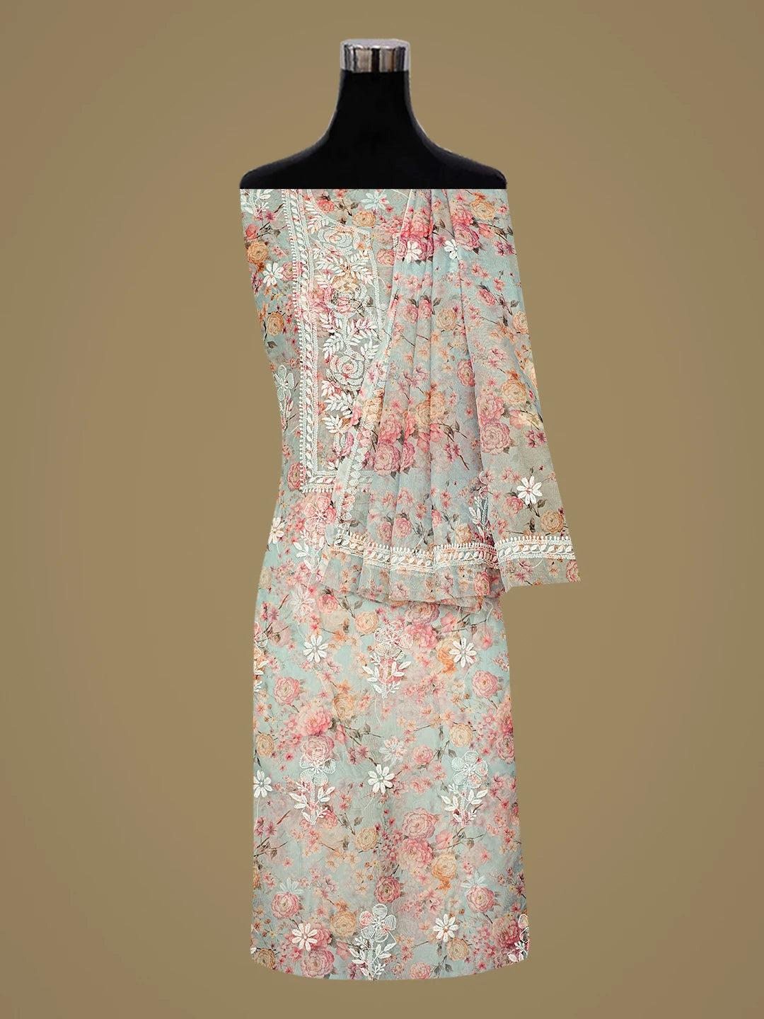Ada Hand Embroidered Floral Printed Blue Organza Lucknowi Chikankari Unstitched Kurta Dupatta Set 01A876522