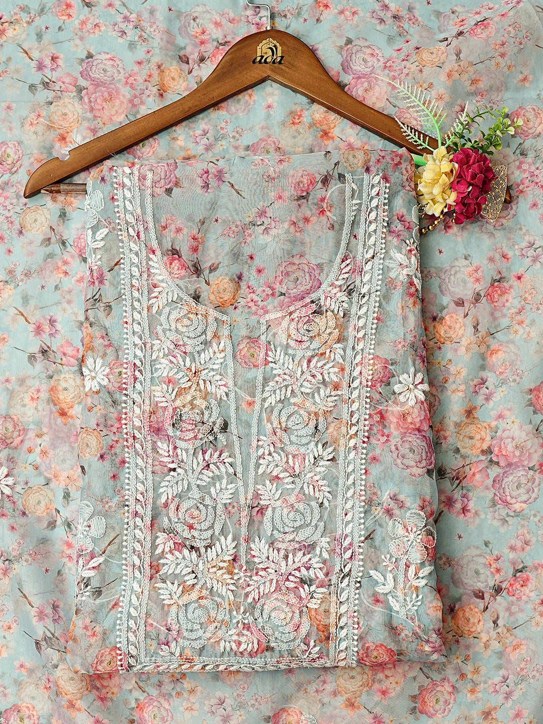 Ada Hand Embroidered Floral Printed Blue Organza Lucknowi Chikankari Unstitched Kurta Dupatta Set 01A876522