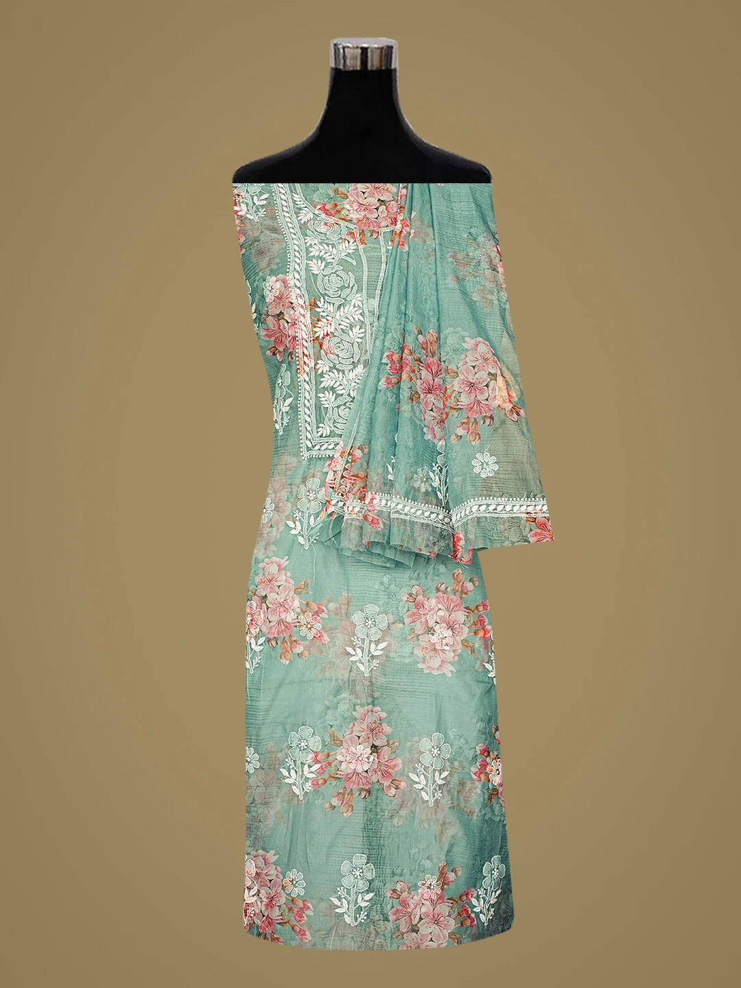 Ada Hand Embroidered Floral Printed  Green Organza Lucknowi Chikankari Unstitched Kurta Dupatta Set 01A876559