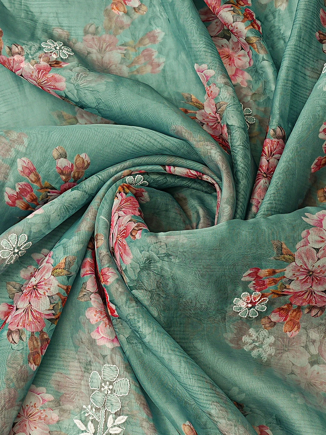 Ada Hand Embroidered Floral Printed  Green Organza Lucknowi Chikankari Unstitched Kurta Dupatta Set 01A876559