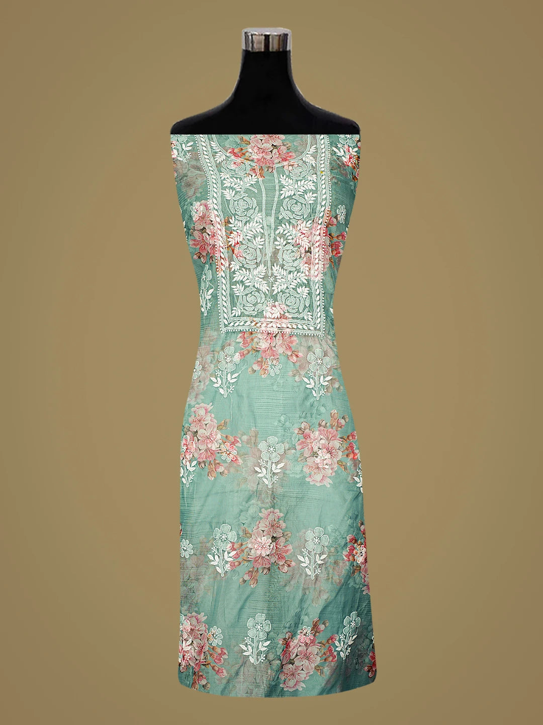 Ada Hand Embroidered Floral Printed  Green Organza Lucknowi Chikankari Unstitched Kurta Dupatta Set 01A876559