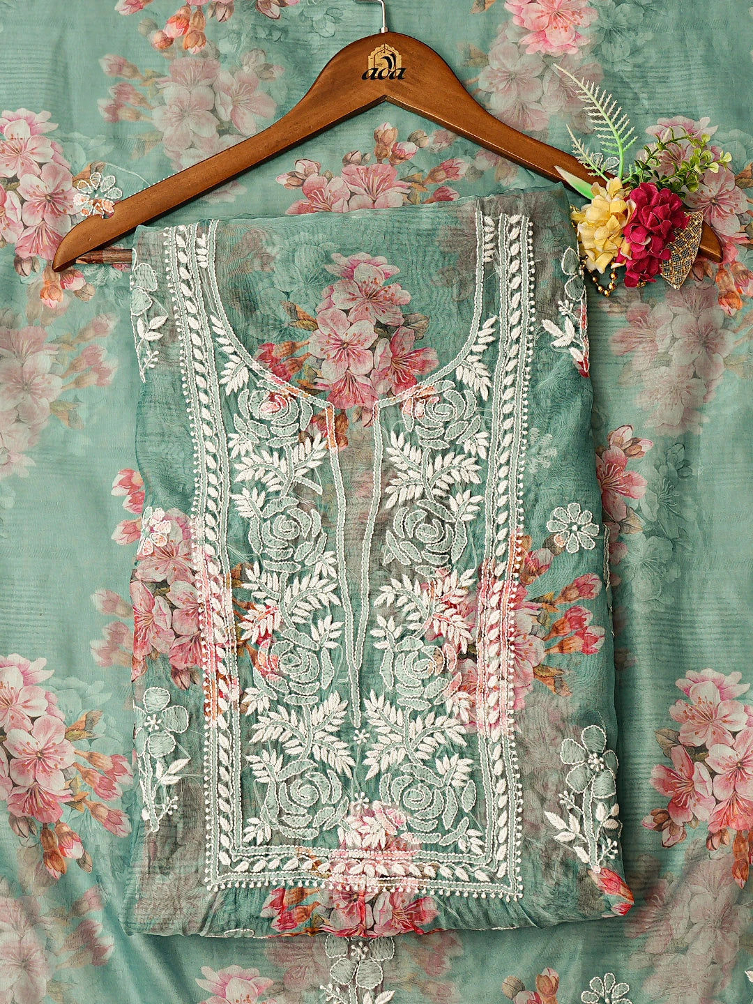 Ada Hand Embroidered Floral Printed  Green Organza Lucknowi Chikankari Unstitched Kurta Dupatta Set 01A876559
