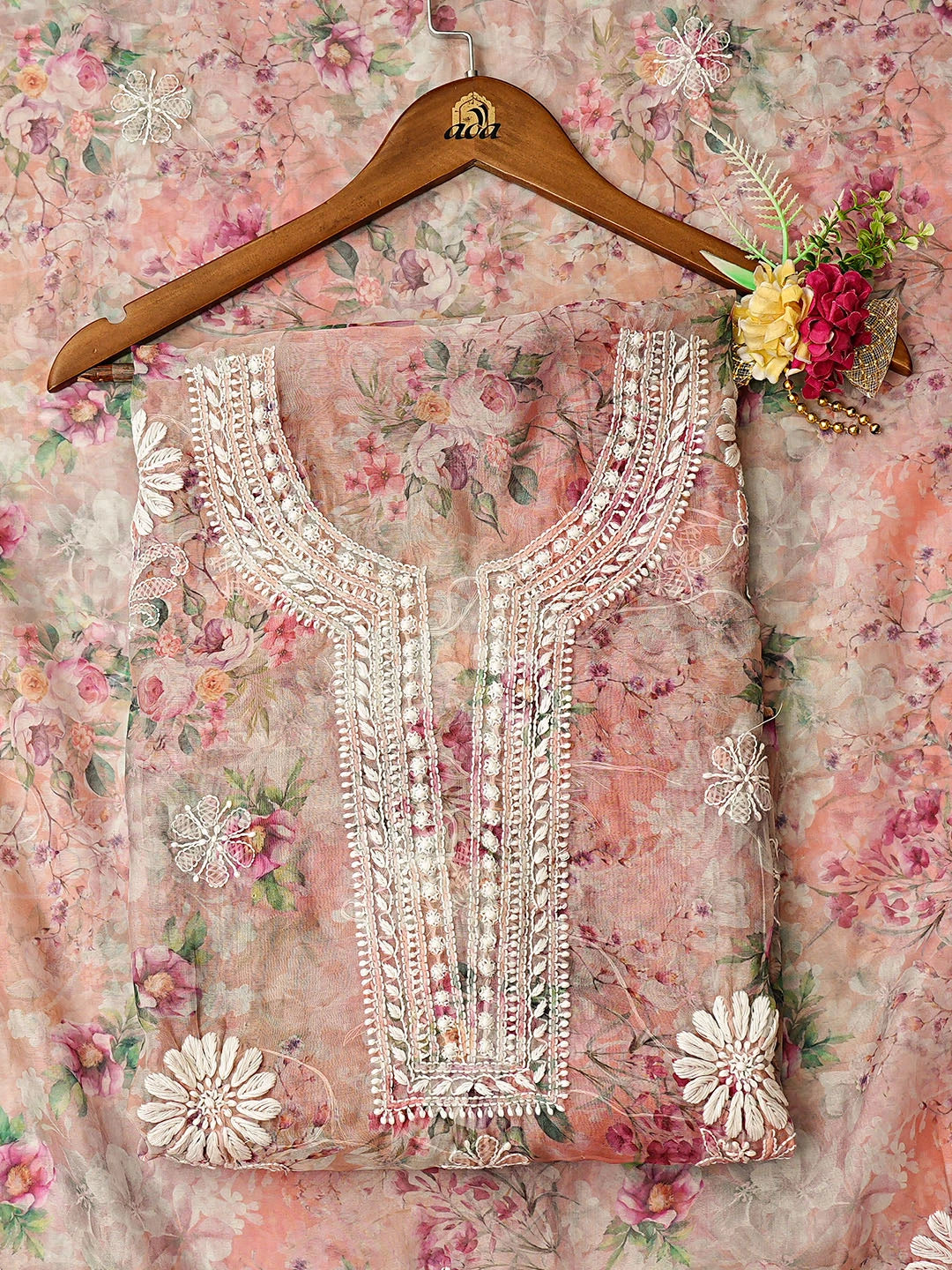 Ada Hand Embroidered Floral Printed Dusty Peach Organza Lucknowi Chikankari Unstitched Kurta Dupatta Set 01A876709