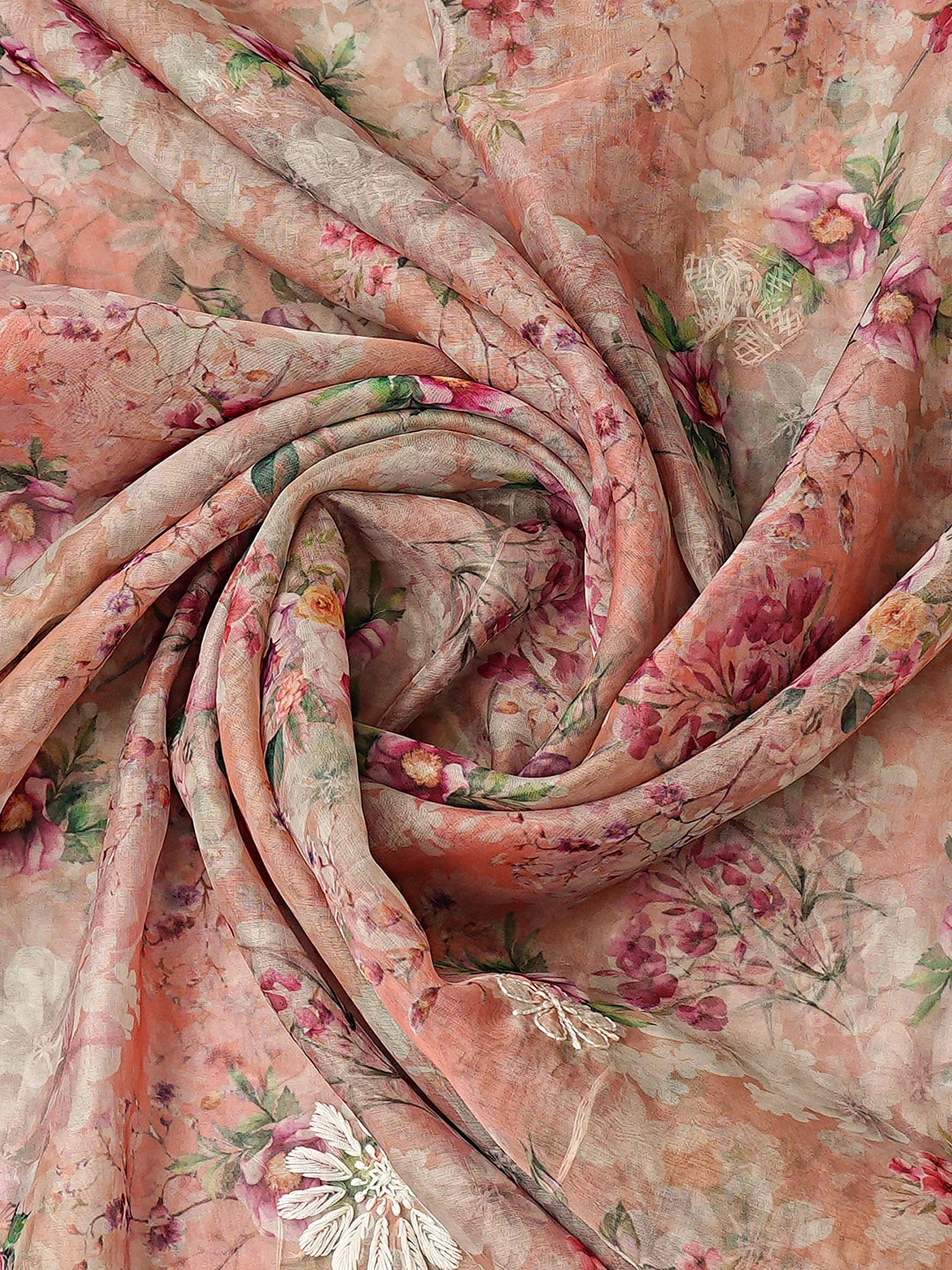 Ada Hand Embroidered Floral Printed Dusty Peach Organza Lucknowi Chikankari Unstitched Kurta Dupatta Set 01A876709