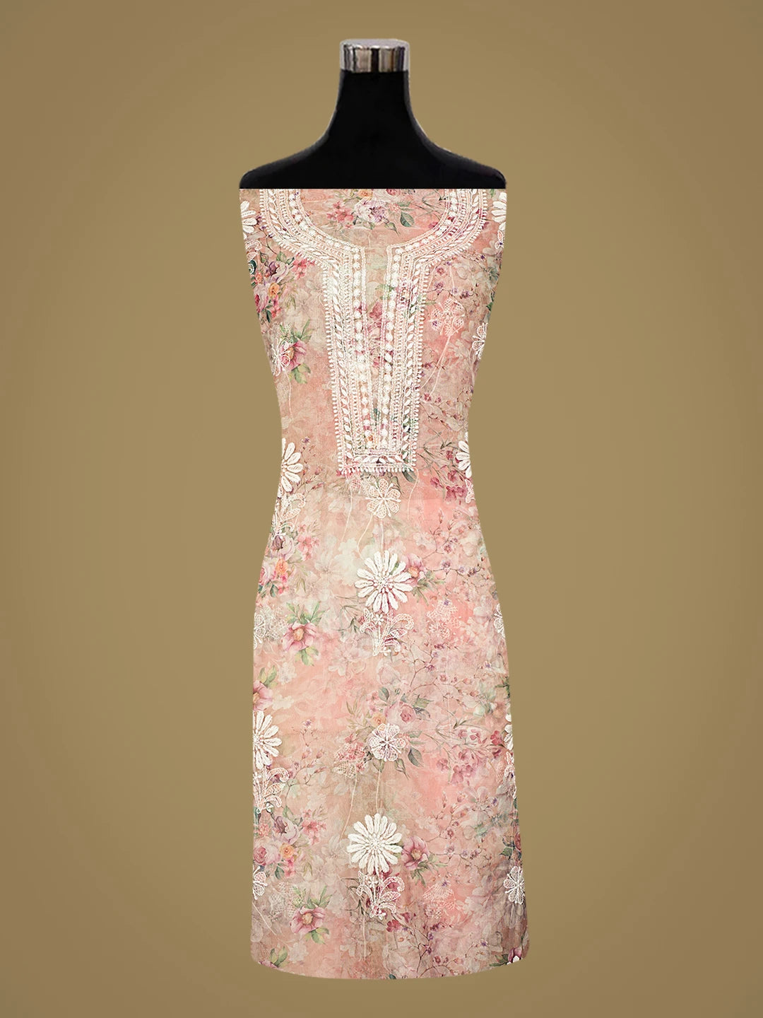 Ada Hand Embroidered Floral Printed Dusty Peach Organza Lucknowi Chikankari Unstitched Kurta Dupatta Set 01A876709