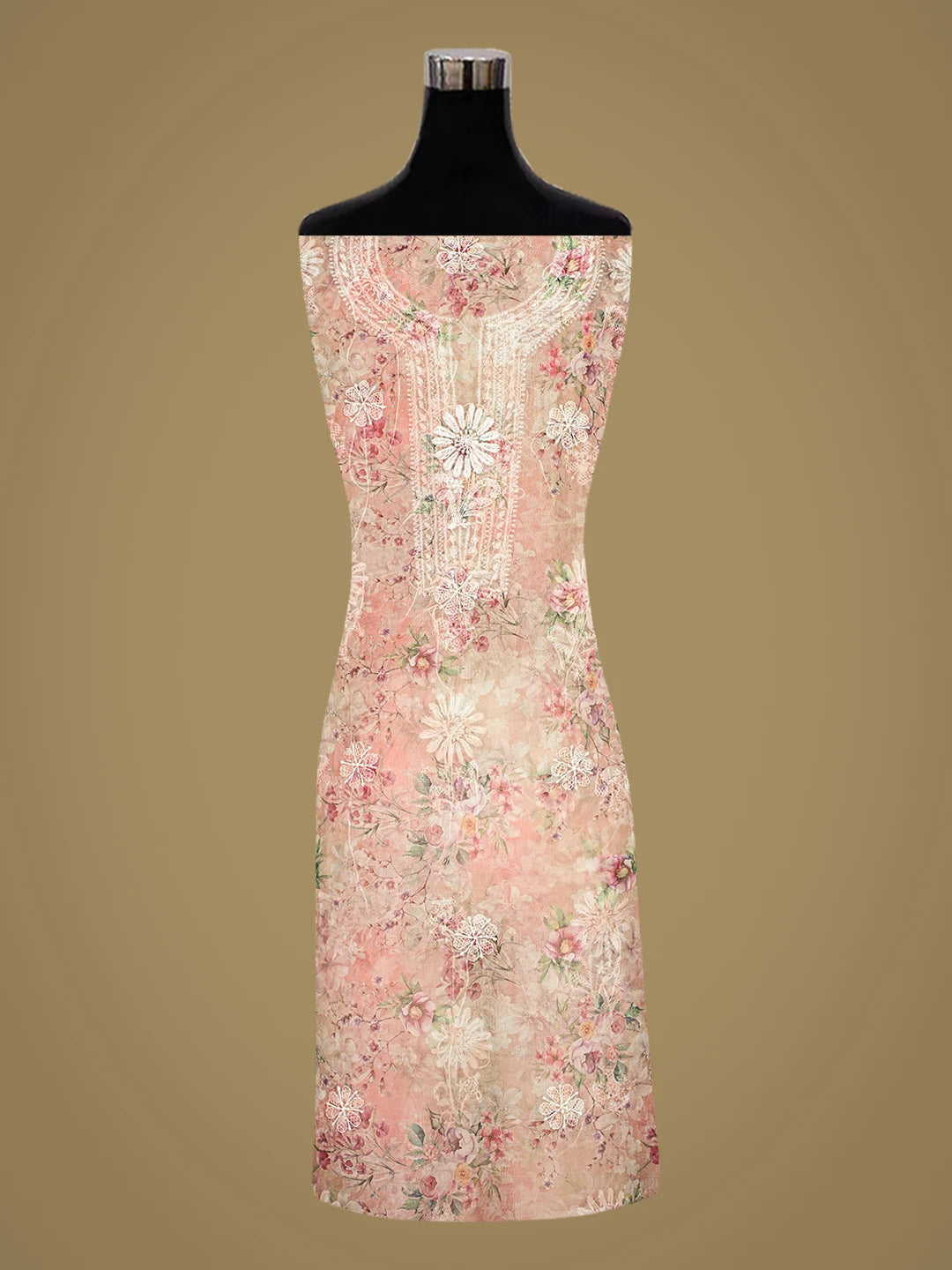 Ada Hand Embroidered Floral Printed Dusty Peach Organza Lucknowi Chikankari Unstitched Kurta Dupatta Set 01A876709
