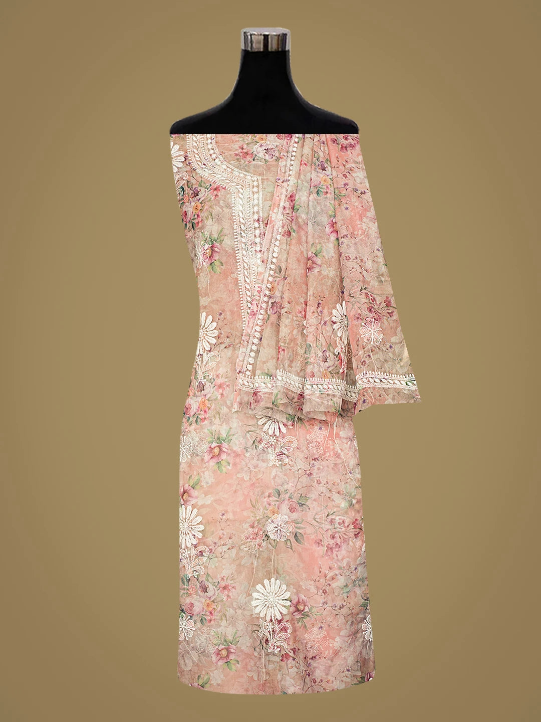 Ada Hand Embroidered Floral Printed Dusty Peach Organza Lucknowi Chikankari Unstitched Kurta Dupatta Set 01A876709