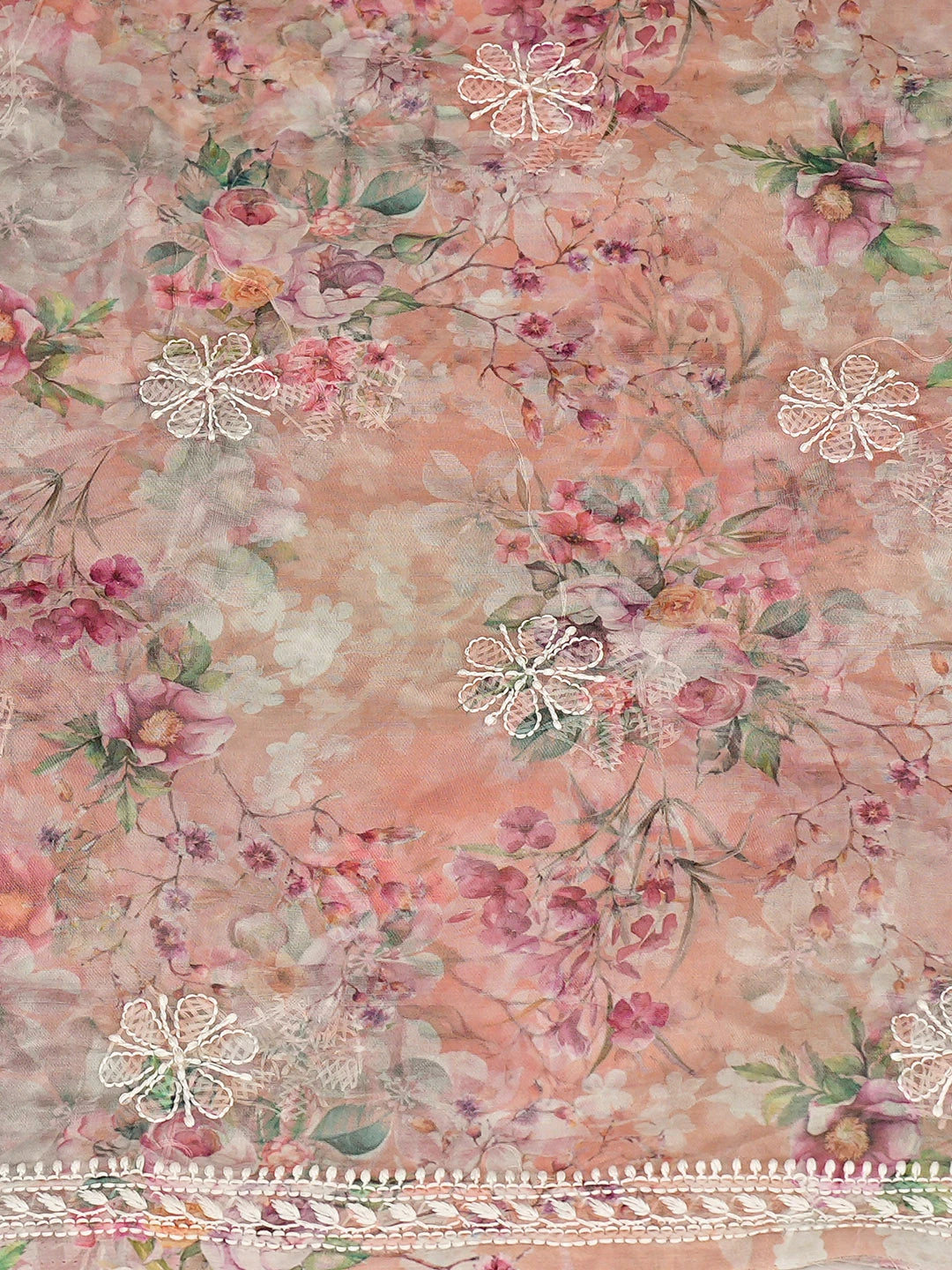 Ada Hand Embroidered Floral Printed Dusty Peach Organza Lucknowi Chikankari Unstitched Kurta Dupatta Set 01A876709