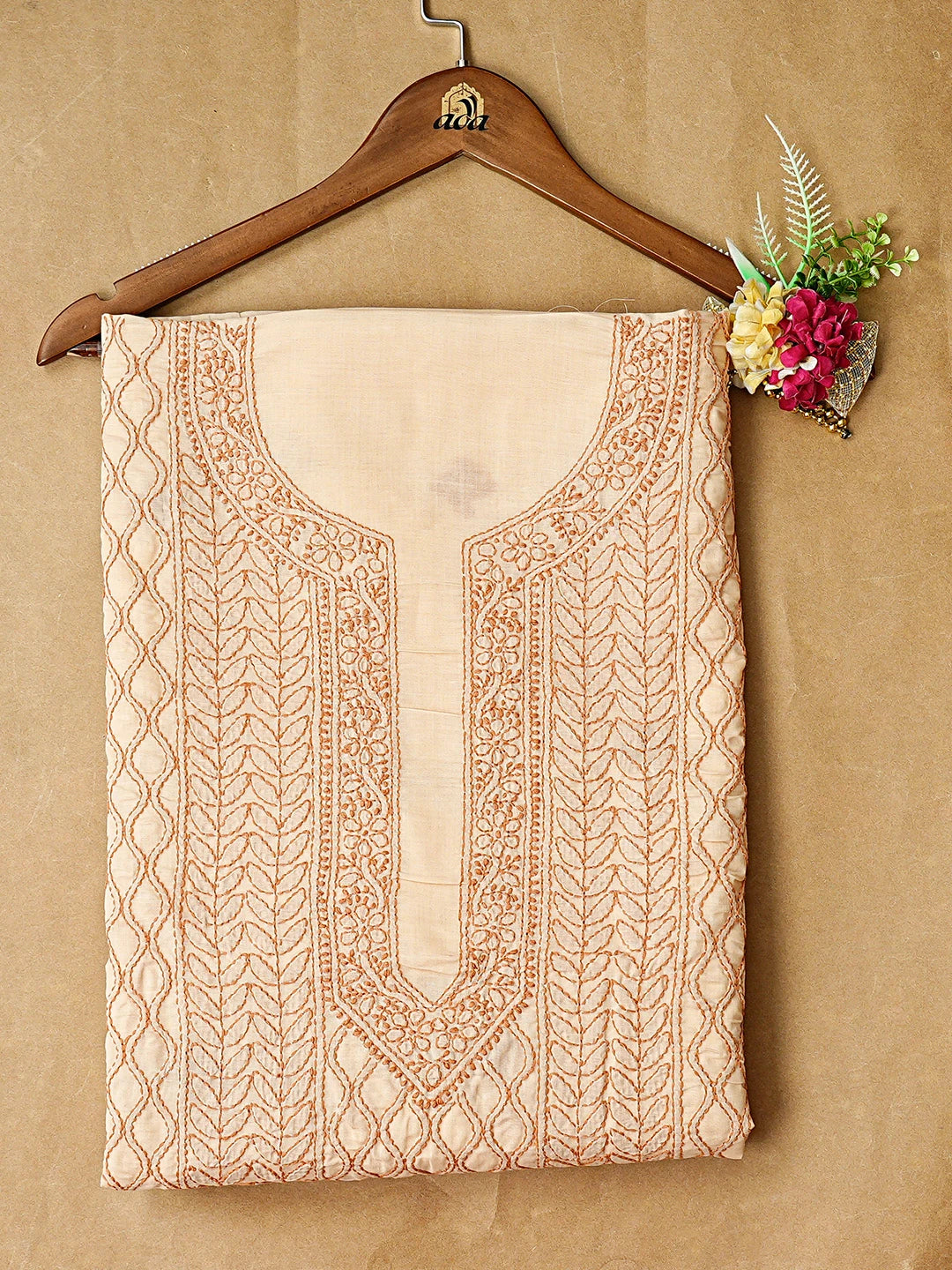 Ada Hand Embroidered Fawn Cotton Lucknowi Chikankari Unstitched Kurta Piece 01A873507