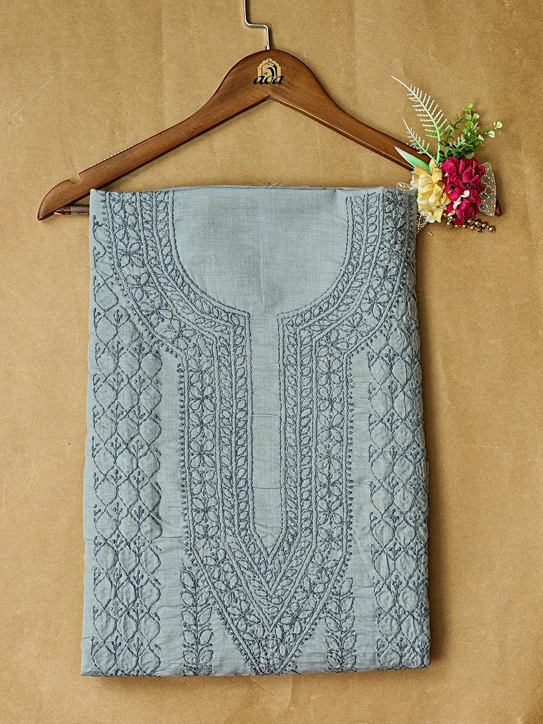 Ada Hand Embroidered Ash Grey Cotton Lucknowi Chikankari Unstitched Kurta Piece 01A873435