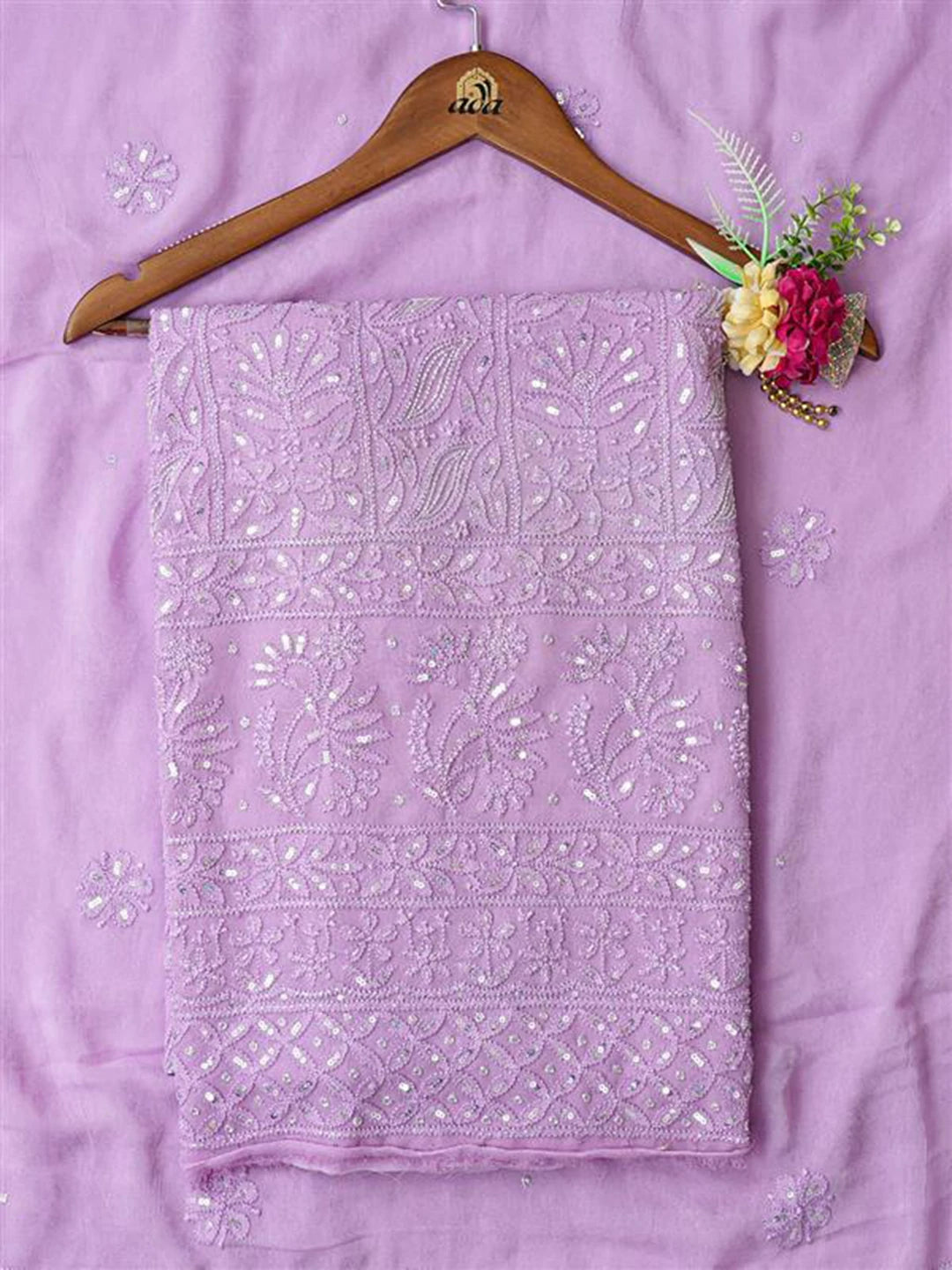Ada Hand Embroidered Mauve Viscose Georgette Lucknowi Chikankari Unstitched Kurta Dupatta Set With Sequinned Work 01A789455