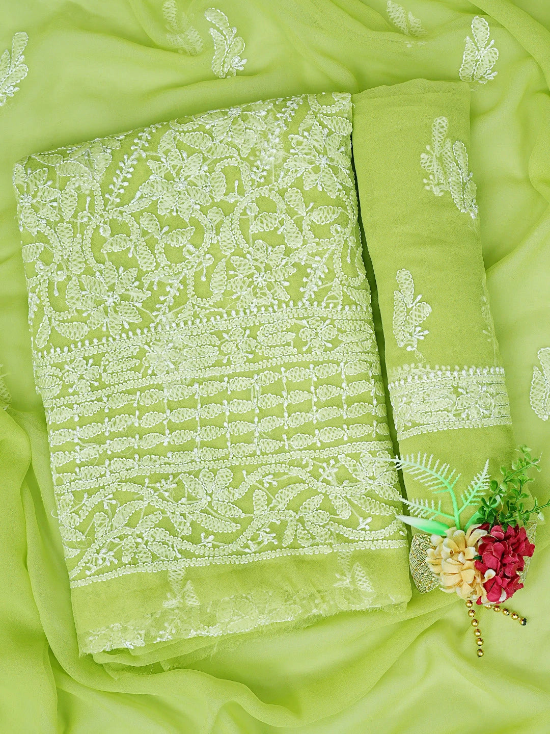 Ada Hand Embroidered Green Georgette Lucknowi Chikankari Unstitched Suit Piece 01A878901