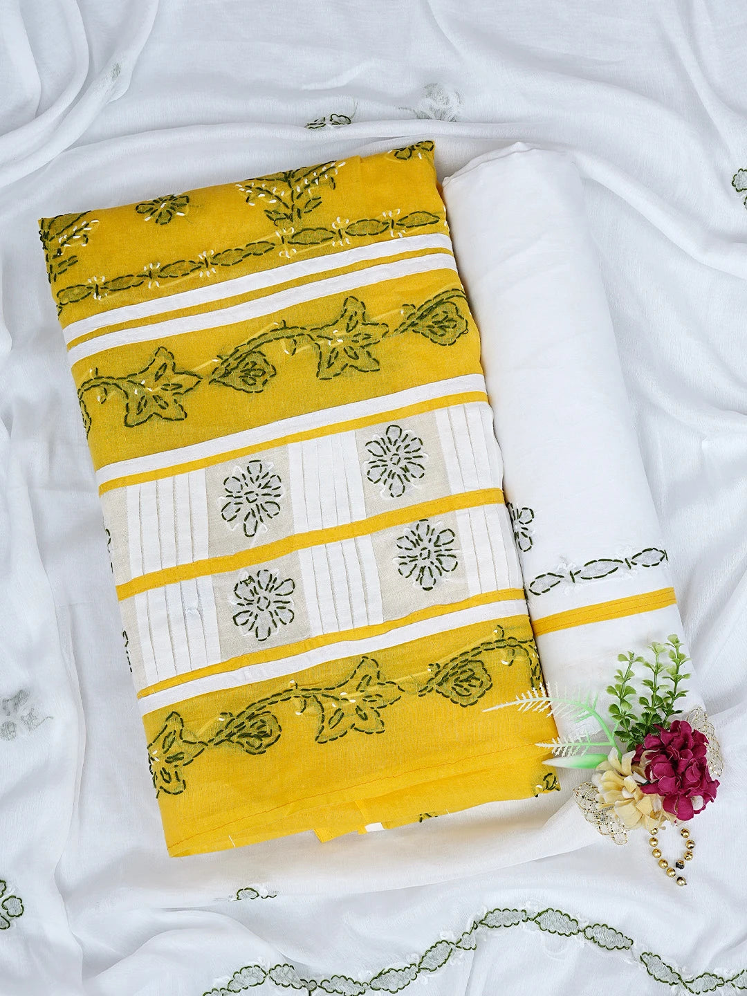 Ada Hand Embroidered Yellow Cotton Lucknowi Chikankari Unstitched Suit Piece 01A882754