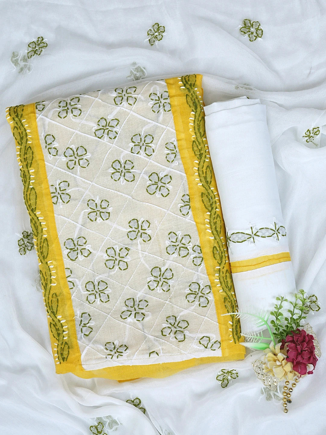 Ada Hand Embroidered Yellow Cotton Lucknowi Chikankari Unstitched Suit Piece 01A882755