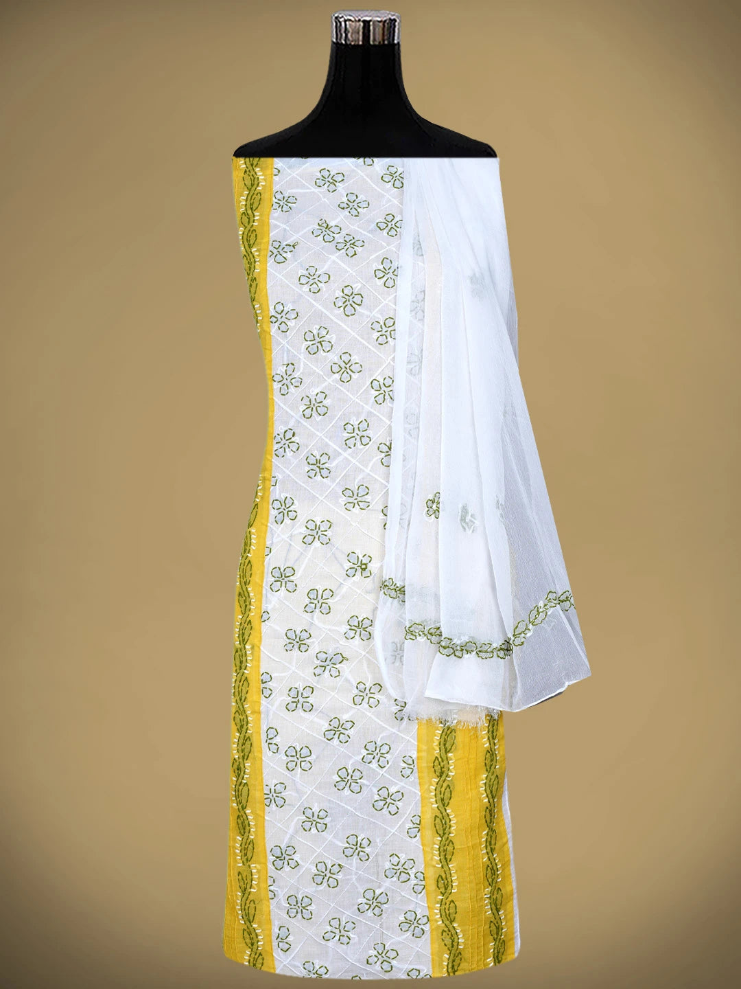 Ada Hand Embroidered Yellow Cotton Lucknowi Chikankari Unstitched Suit Piece 01A882755