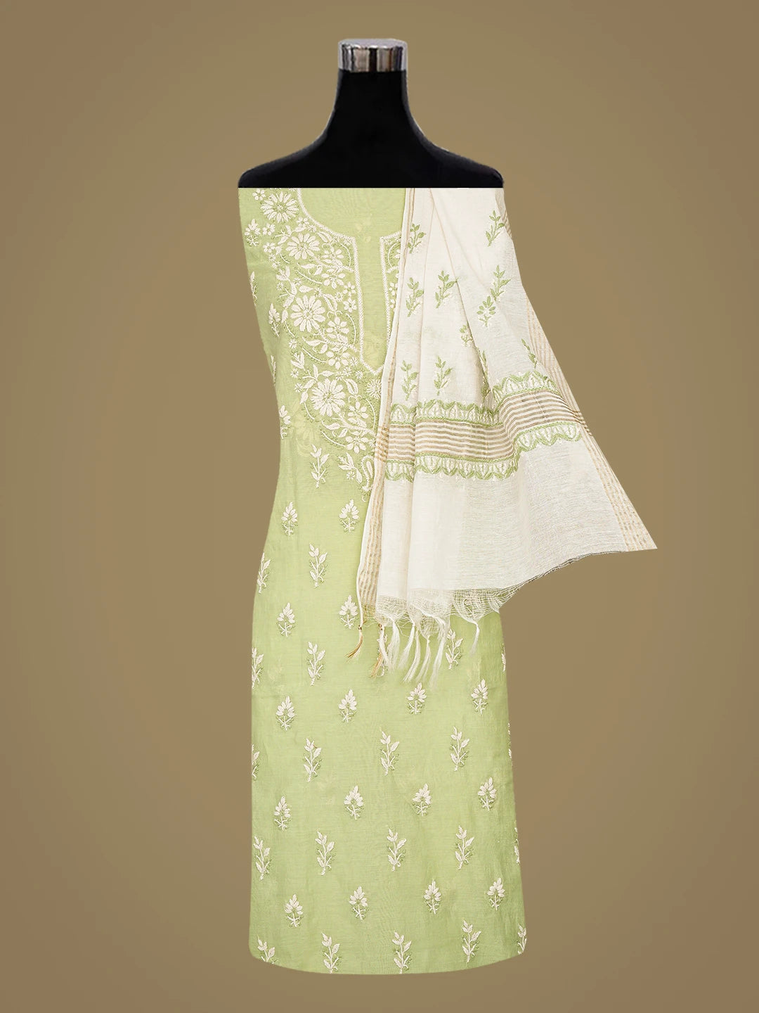 Ada Hand Embroidered Pista Green Chanderi Lucknowi Chikankari Unstitched Kurta Dupatta Set 01A879584
