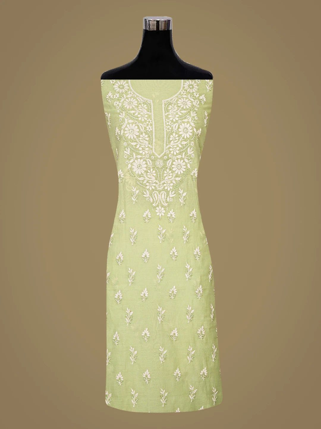 Ada Hand Embroidered Pista Green Chanderi Lucknowi Chikankari Unstitched Kurta Dupatta Set 01A879584