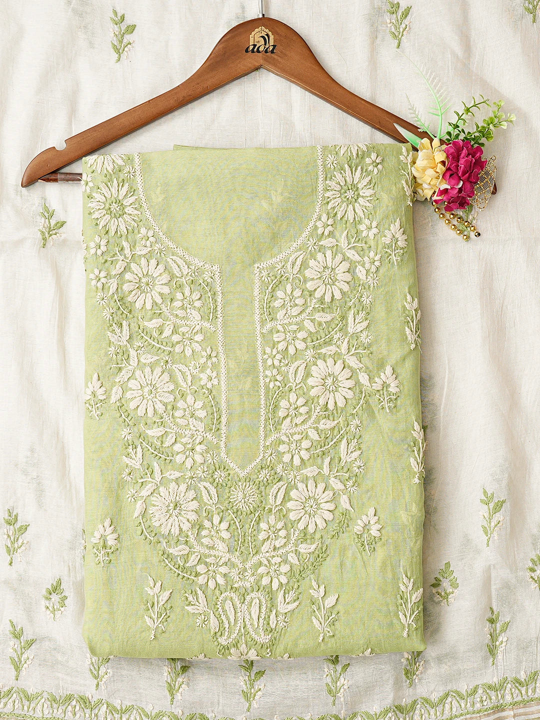 Ada Hand Embroidered Pista Green Chanderi Lucknowi Chikankari Unstitched Kurta Dupatta Set 01A879584