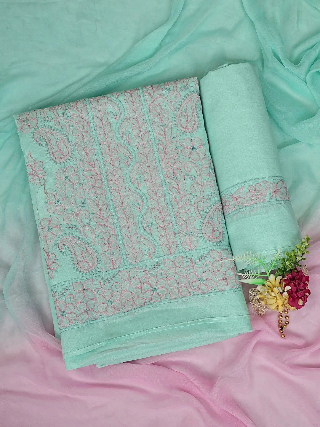Ada Hand Embroidered Sea Green Cotton Lucknowi Chikankari Unstitched Suit Piece 01A879928