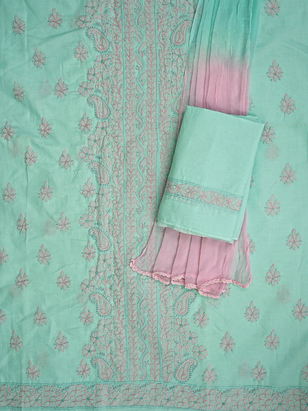 Ada Hand Embroidered Sea Green Cotton Lucknowi Chikankari Unstitched Suit Piece 01A879928