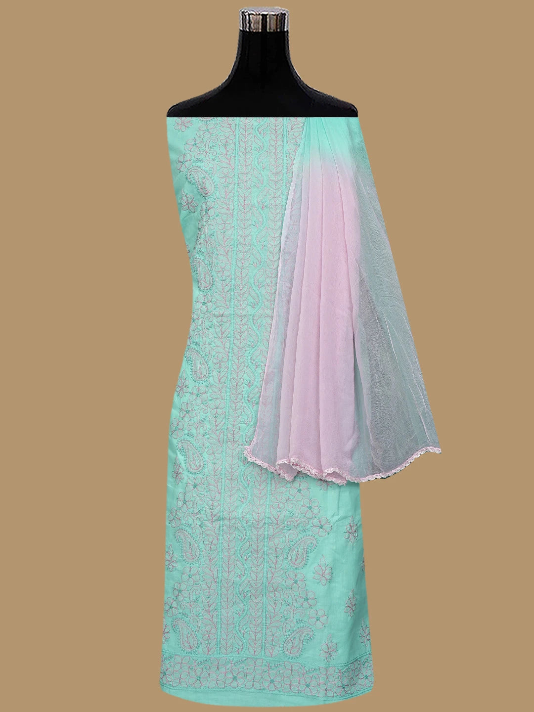 Ada Hand Embroidered Sea Green Cotton Lucknowi Chikankari Unstitched Suit Piece 01A879928