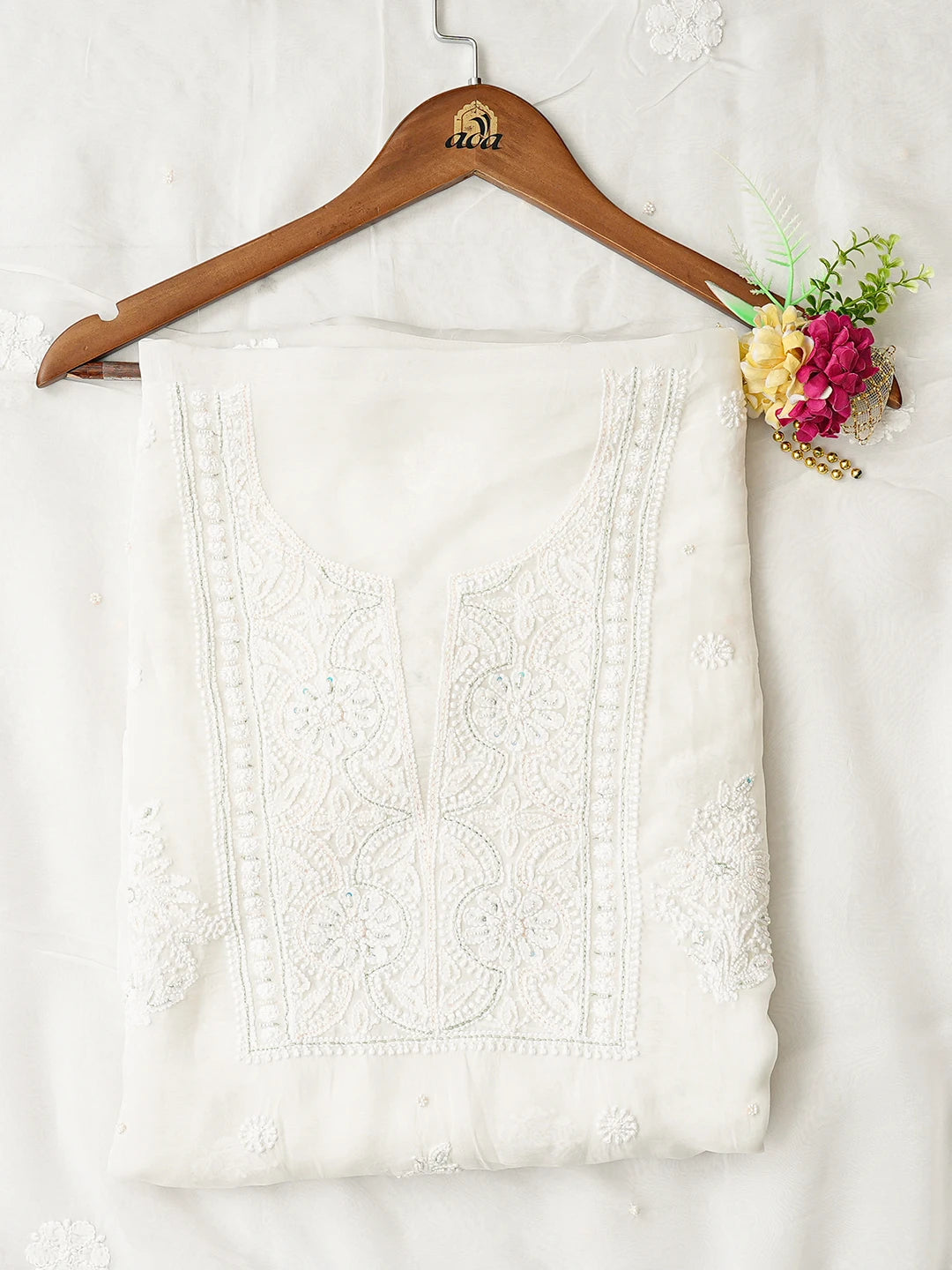 Ada Hand Embroidered White Organza Lucknowi Chikankari Unstitched Kurta Dupatta Set With Zari Work 01A850125