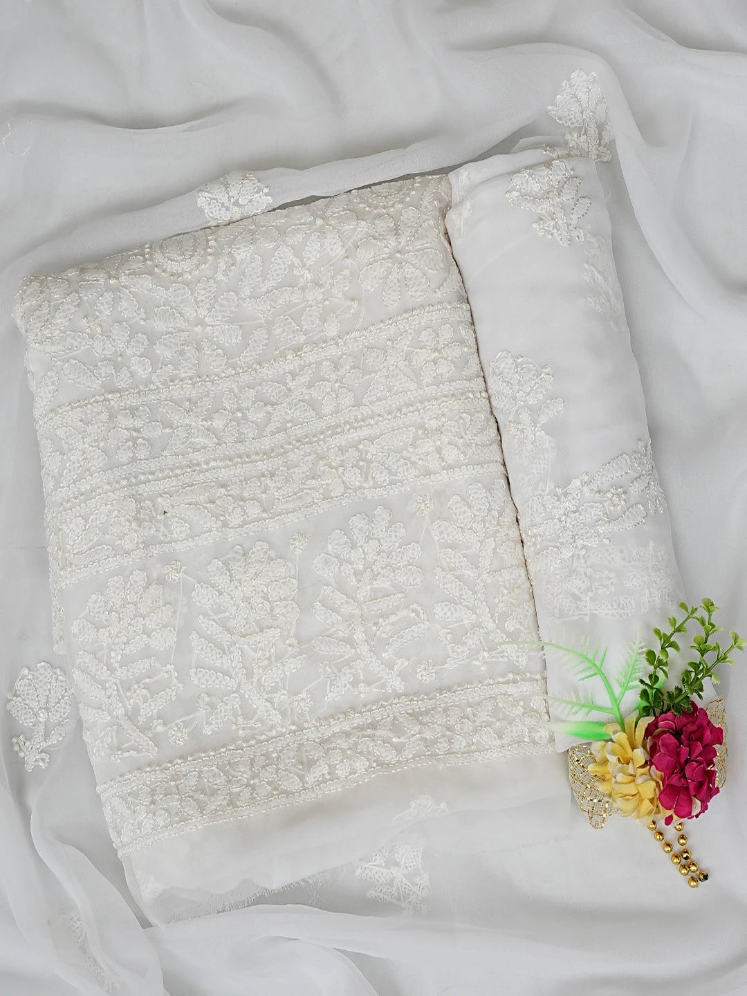Ada Hand Embroidered White Georgette Lucknowi Chikankari Unstitched Suit Piece 01A878927