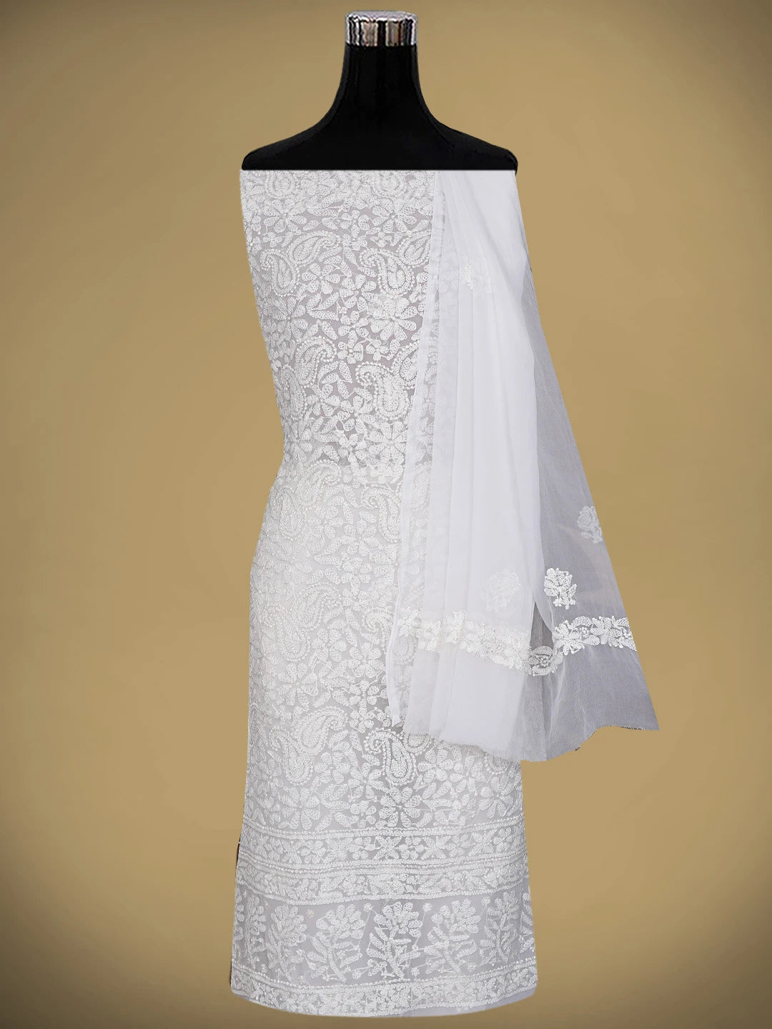 Ada Hand Embroidered White Georgette Lucknowi Chikankari Unstitched Suit Piece 01A878927