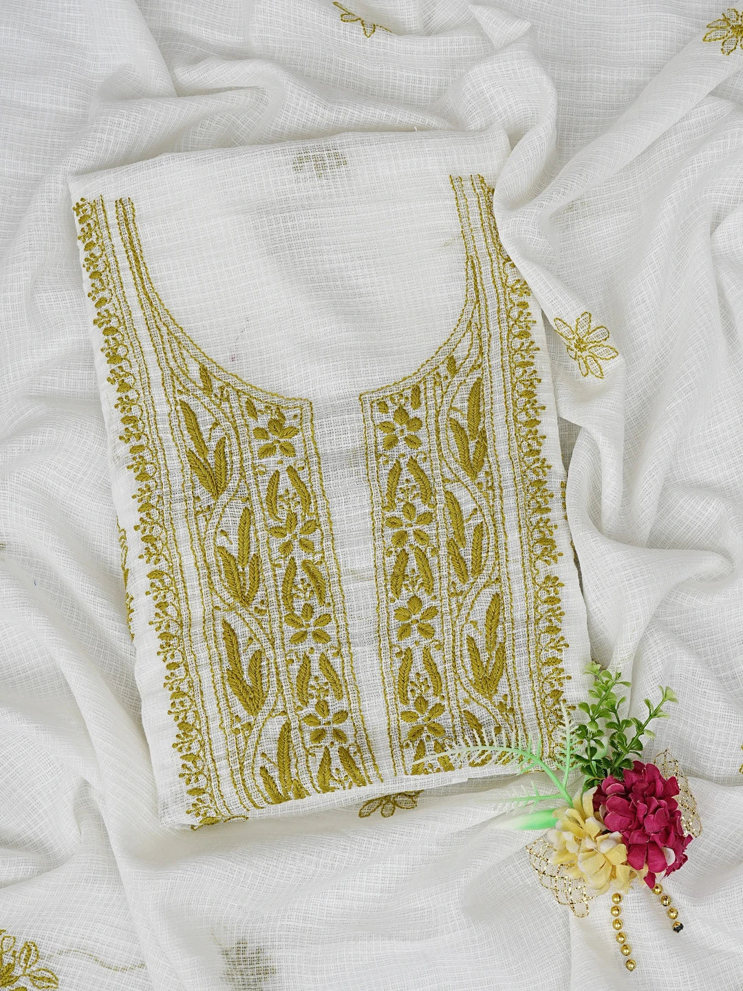 Ada Hand Embroidered White Kota Lucknowi Chikankari Unstitched Kurta Dupatta Set 01A876903