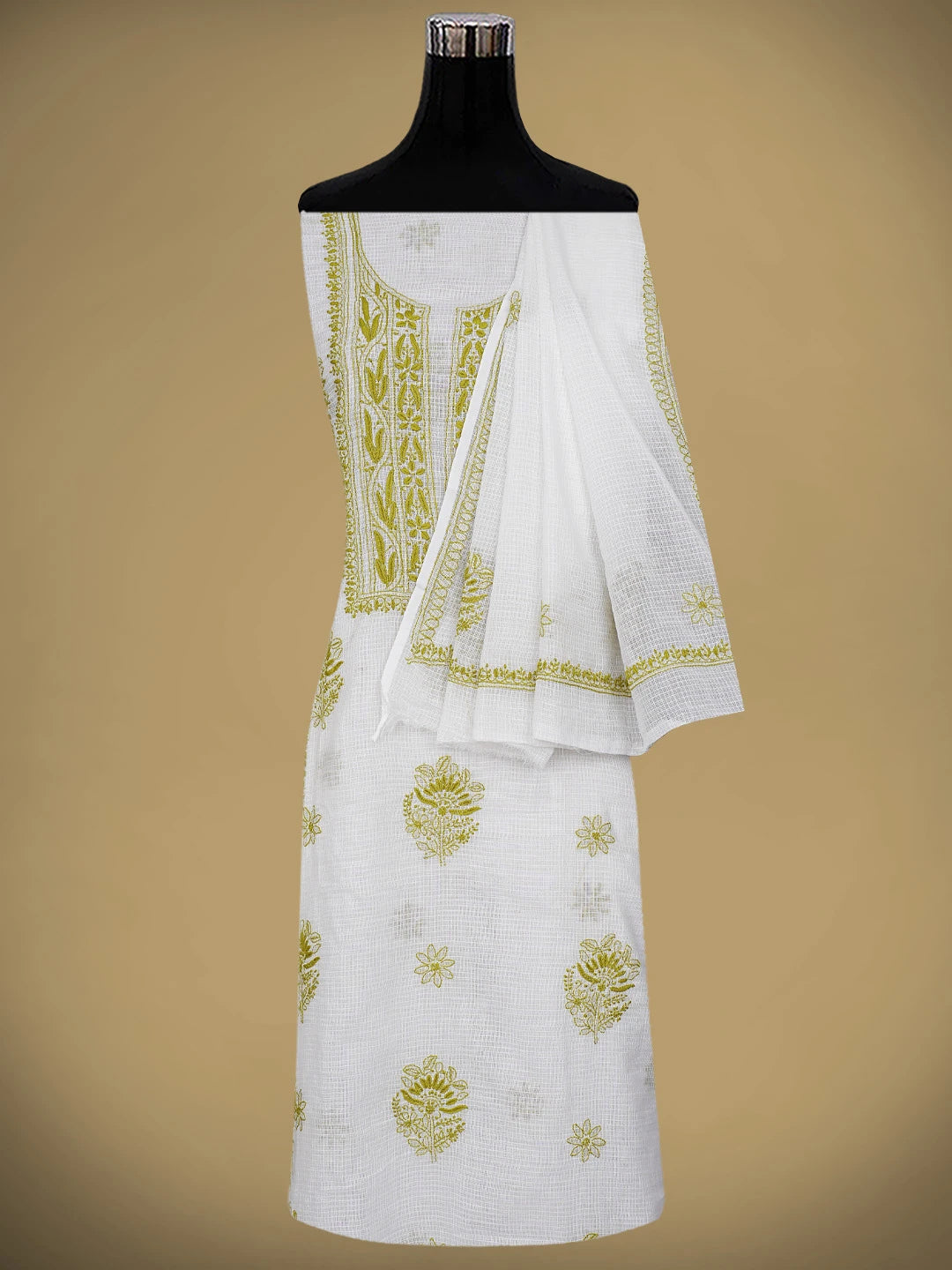 Ada Hand Embroidered White Kota Lucknowi Chikankari Unstitched Kurta Dupatta Set 01A876903
