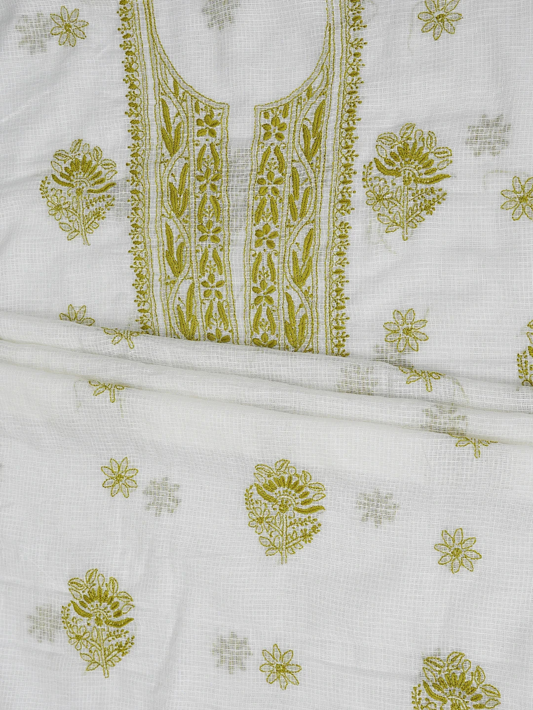 Ada Hand Embroidered White Kota Lucknowi Chikankari Unstitched Kurta Dupatta Set 01A876903