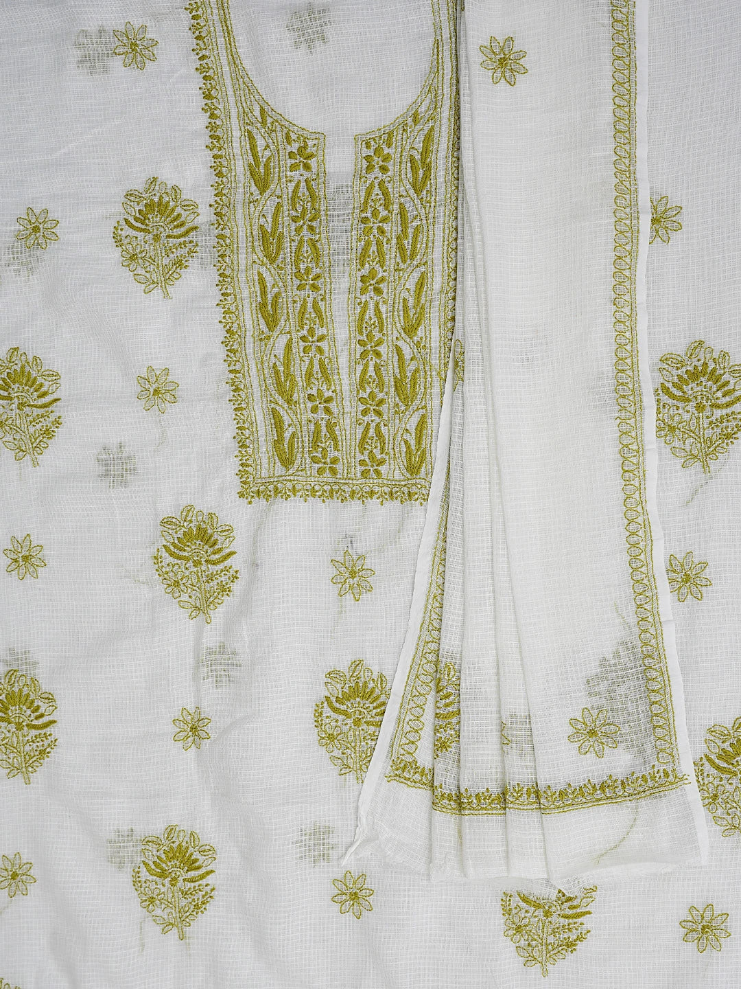Ada Hand Embroidered White Kota Lucknowi Chikankari Unstitched Kurta Dupatta Set 01A876903