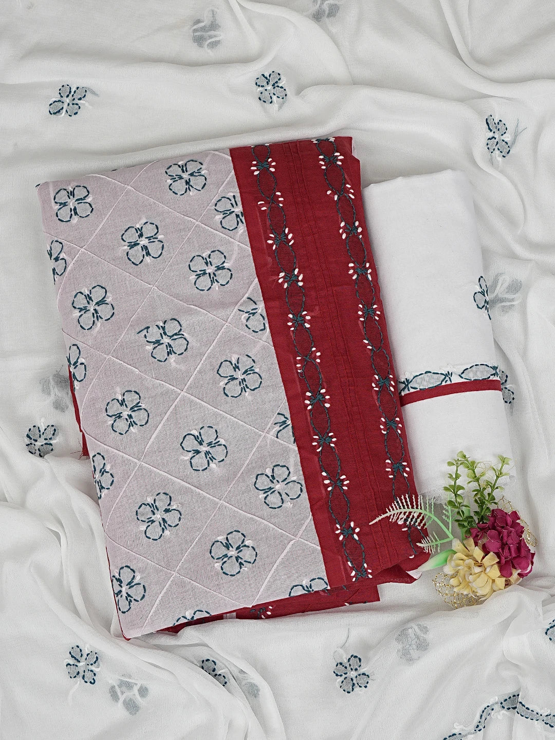 Ada Hand Embroidered Red Cotton Lucknowi Chikankari Unstitched Suit Piece 01A882736