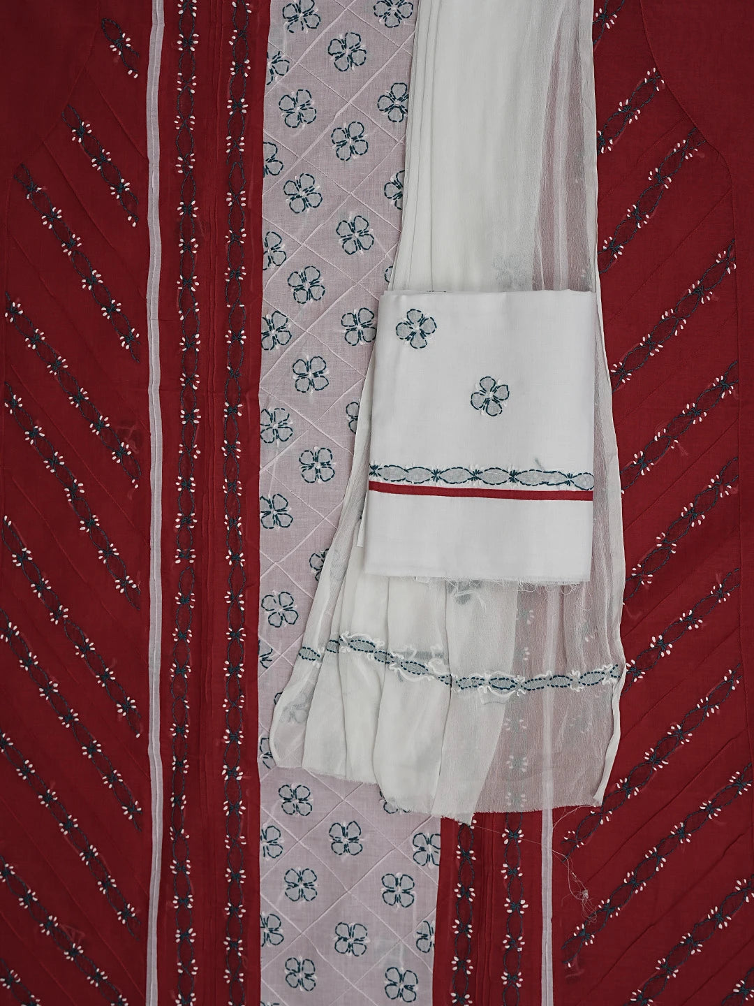 Ada Hand Embroidered Red Cotton Lucknowi Chikankari Unstitched Suit Piece 01A882736