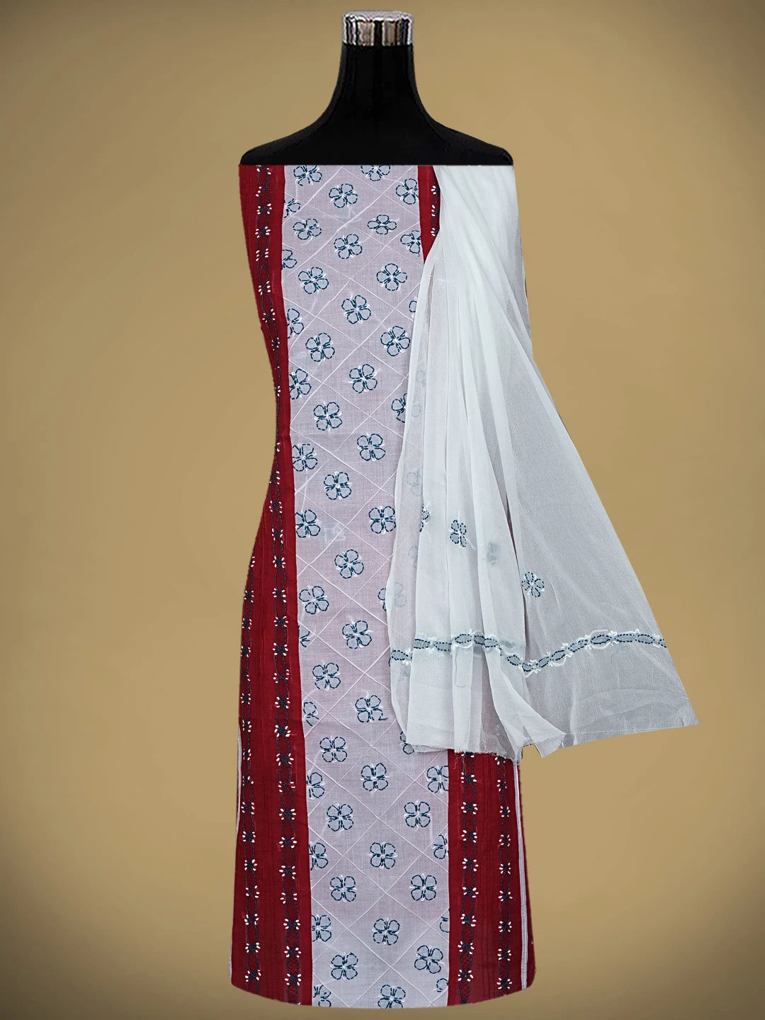 Ada Hand Embroidered Red Cotton Lucknowi Chikankari Unstitched Suit Piece 01A882736