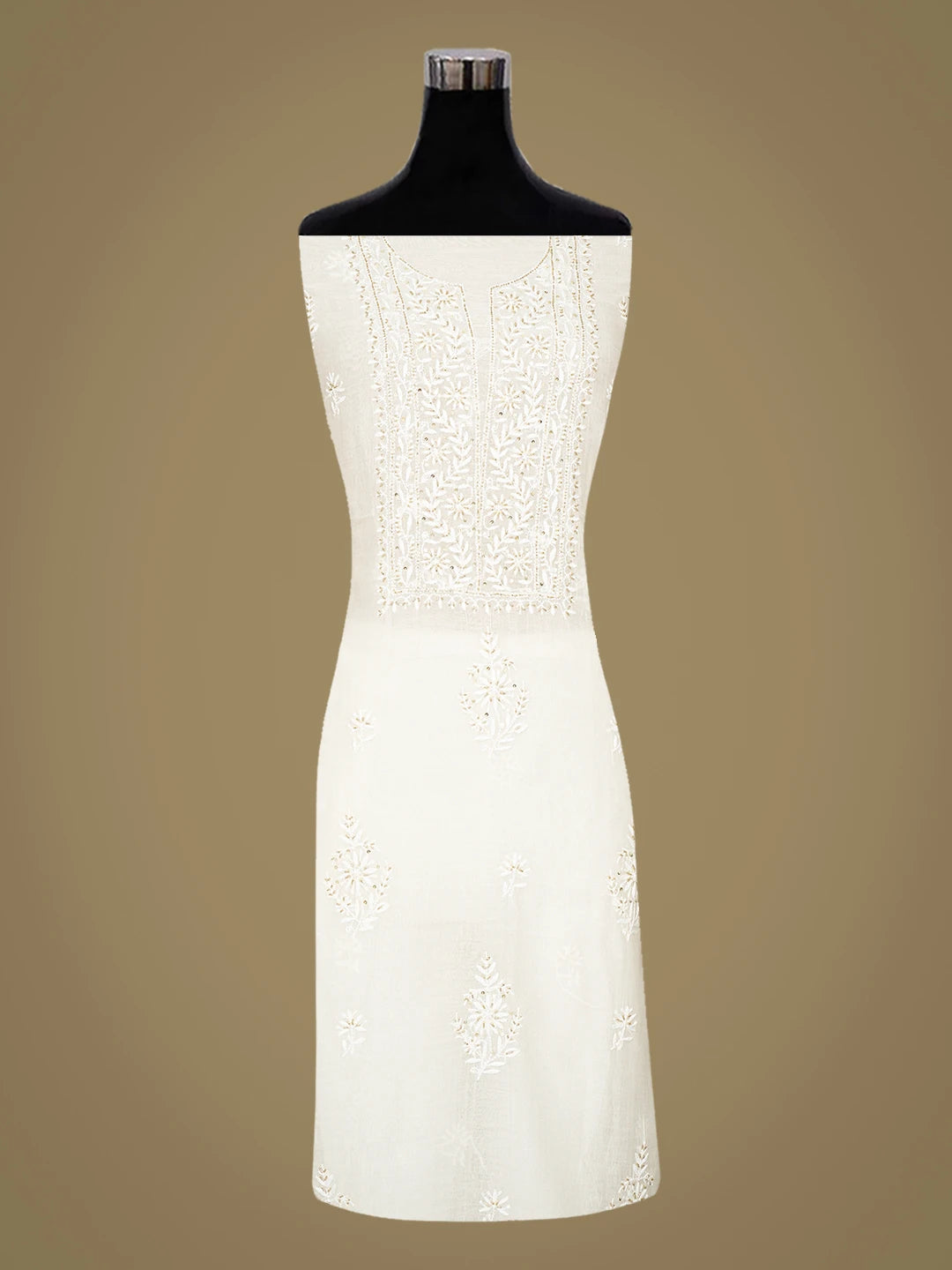 Ada Hand Embroidered White Snow Chanderi Lucknowi Chikankari Unstitched Kurta Dupatta Set With Sequinned Work 01A881364
