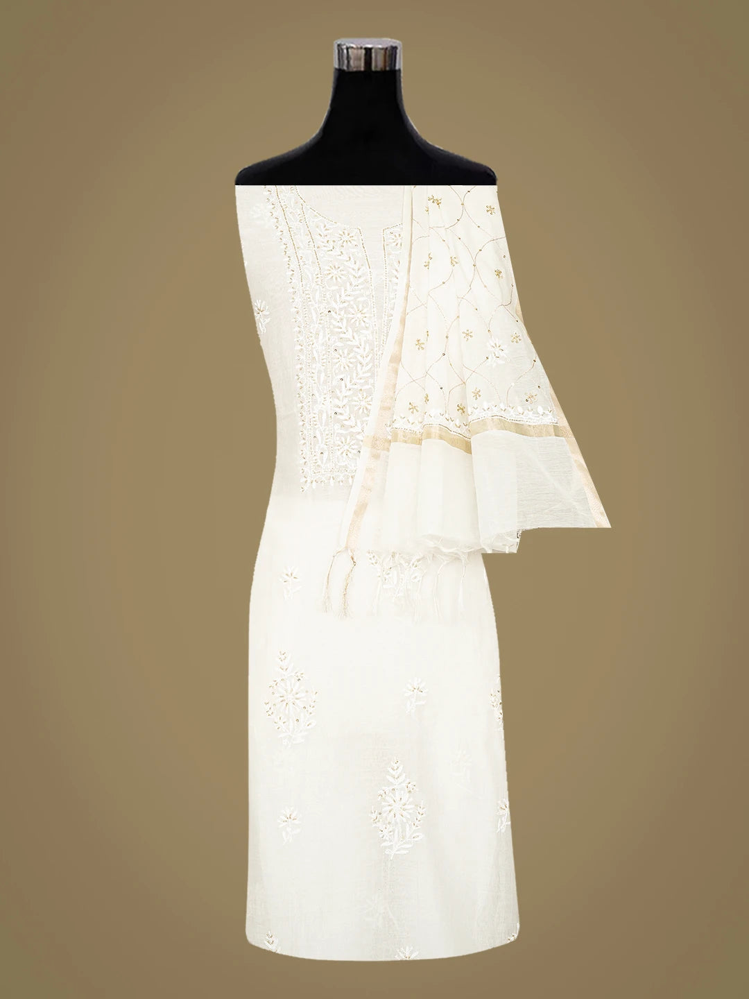 Ada Hand Embroidered White Snow Chanderi Lucknowi Chikankari Unstitched Kurta Dupatta Set With Sequinned Work 01A881364