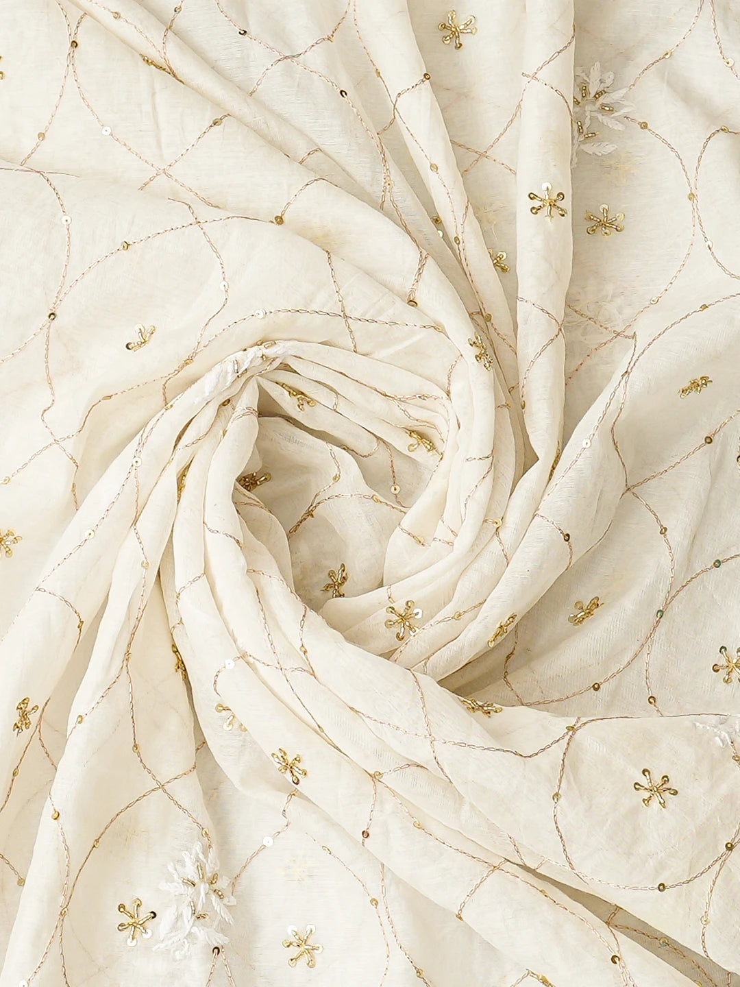 Ada Hand Embroidered White Snow Chanderi Lucknowi Chikankari Unstitched Kurta Dupatta Set With Sequinned Work 01A881364
