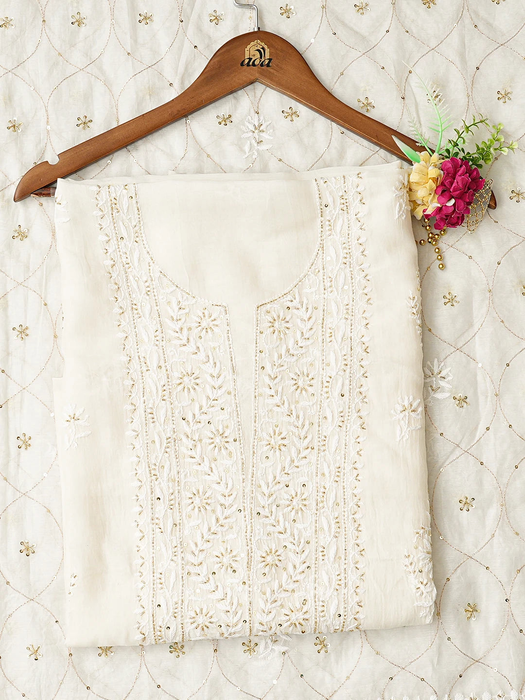 Ada Hand Embroidered White Snow Chanderi Lucknowi Chikankari Unstitched Kurta Dupatta Set With Sequinned Work 01A881364