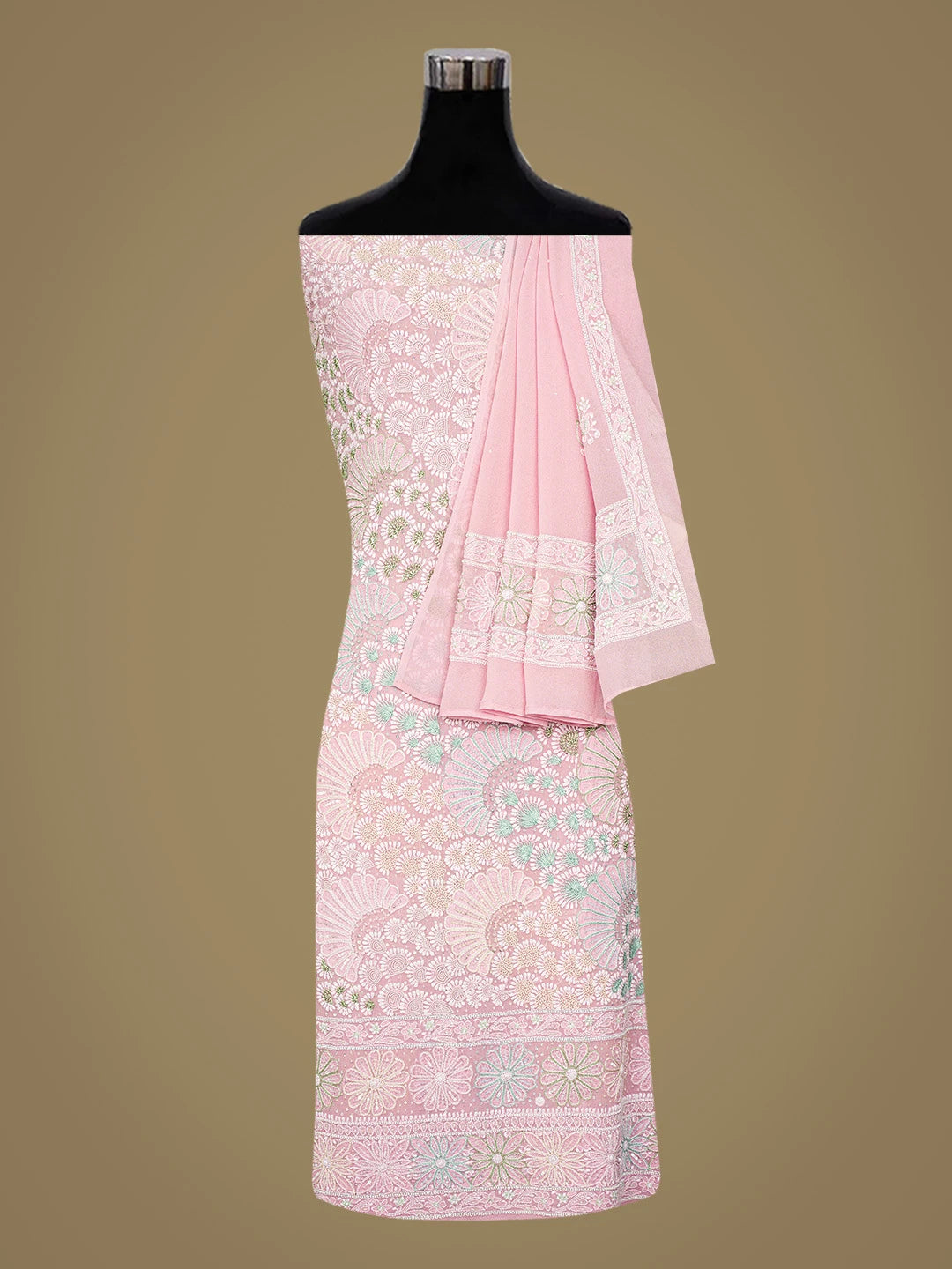 Ada Hand Embroidered Rose Pink Pure Georgette Lucknowi Chikankari Unstitched Kurta Dupatta Set With Sequinned Work 01A312638