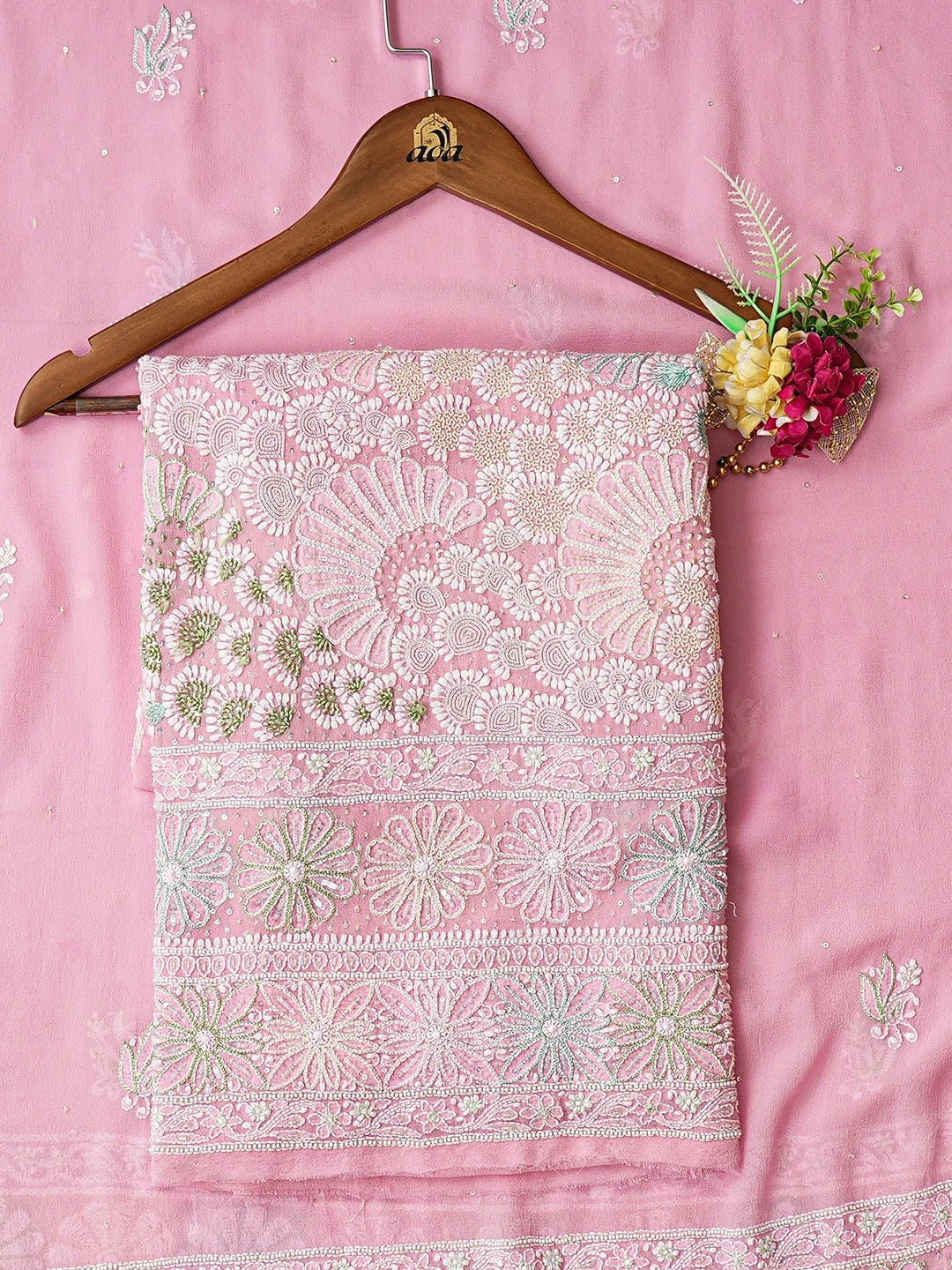 Ada Hand Embroidered Rose Pink Pure Georgette Lucknowi Chikankari Unstitched Kurta Dupatta Set With Sequinned Work 01A312638