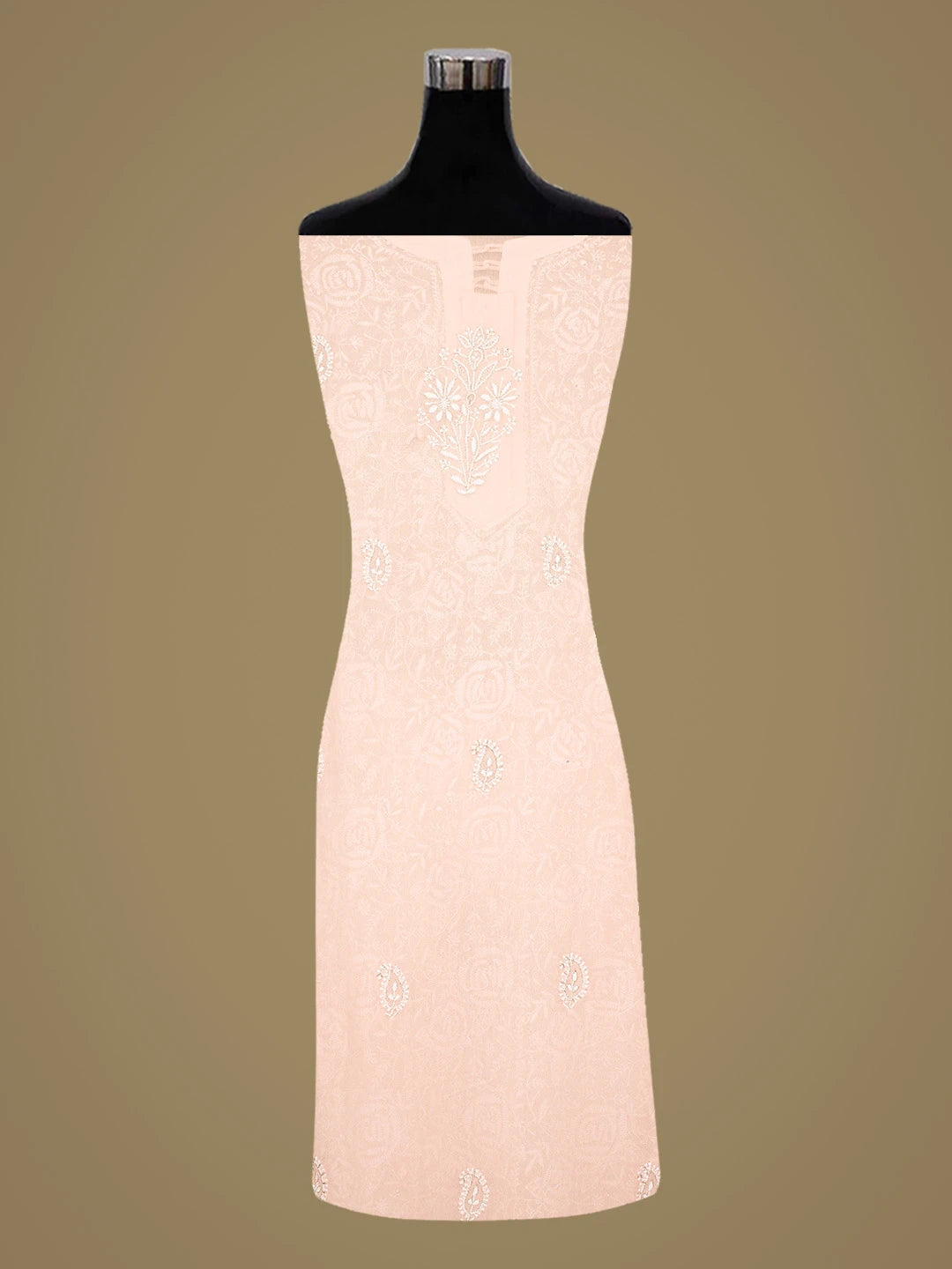 Ada Hand Embroidered Peach Pure Georgette Lucknowi Chikankari Unstitched Kurta Dupatta Set With Zari Work 01A663220