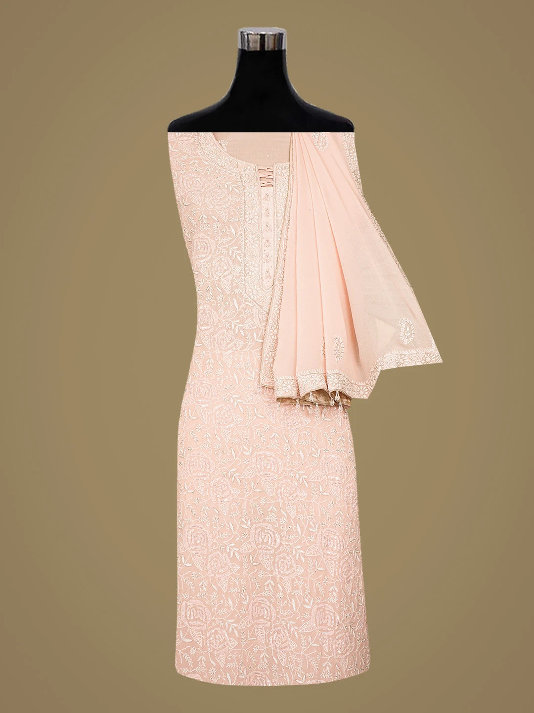 Ada Hand Embroidered Peach Pure Georgette Lucknowi Chikankari Unstitched Kurta Dupatta Set With Zari Work 01A663220