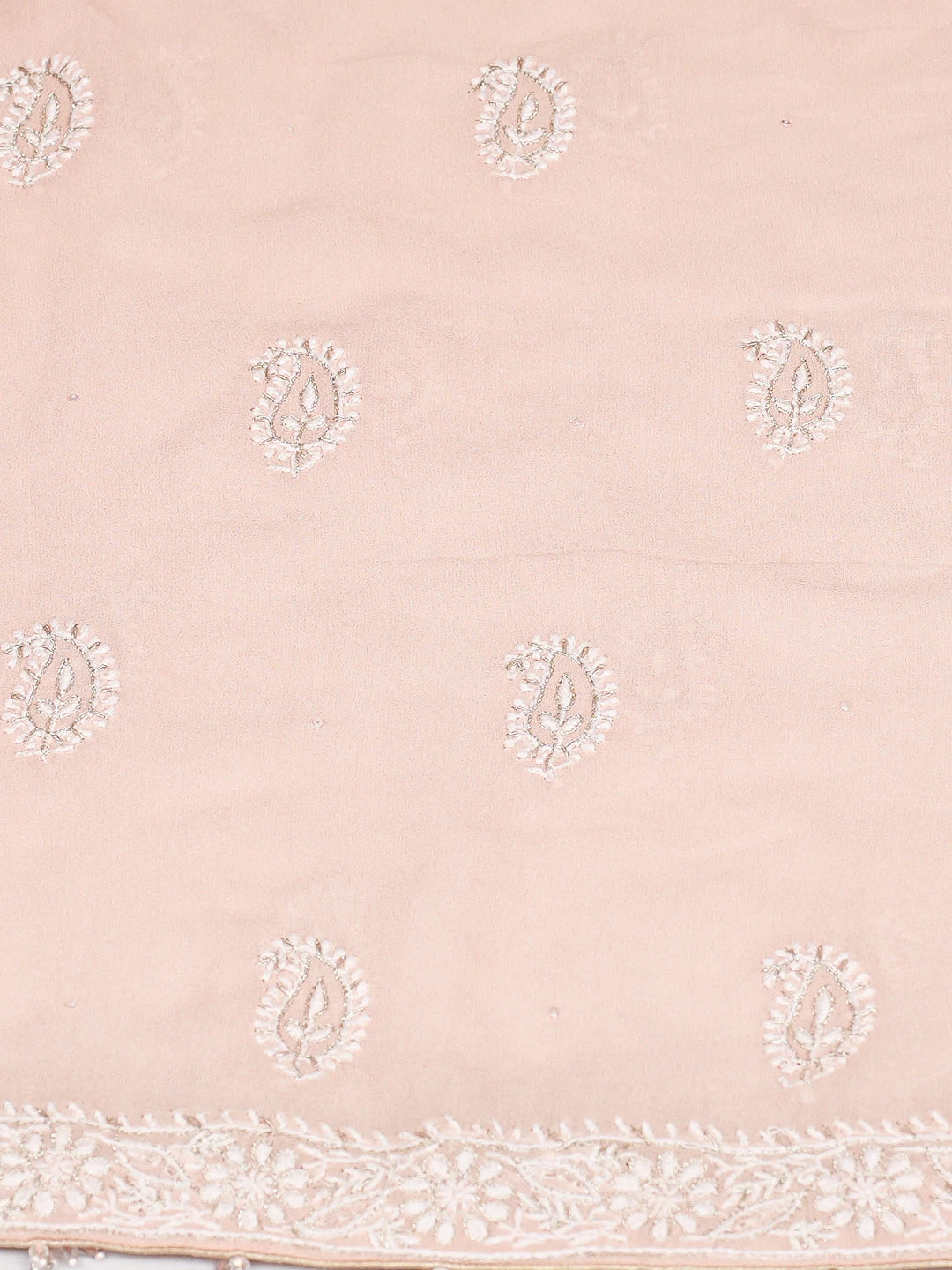 Ada Hand Embroidered Peach Pure Georgette Lucknowi Chikankari Unstitched Kurta Dupatta Set With Zari Work 01A663220